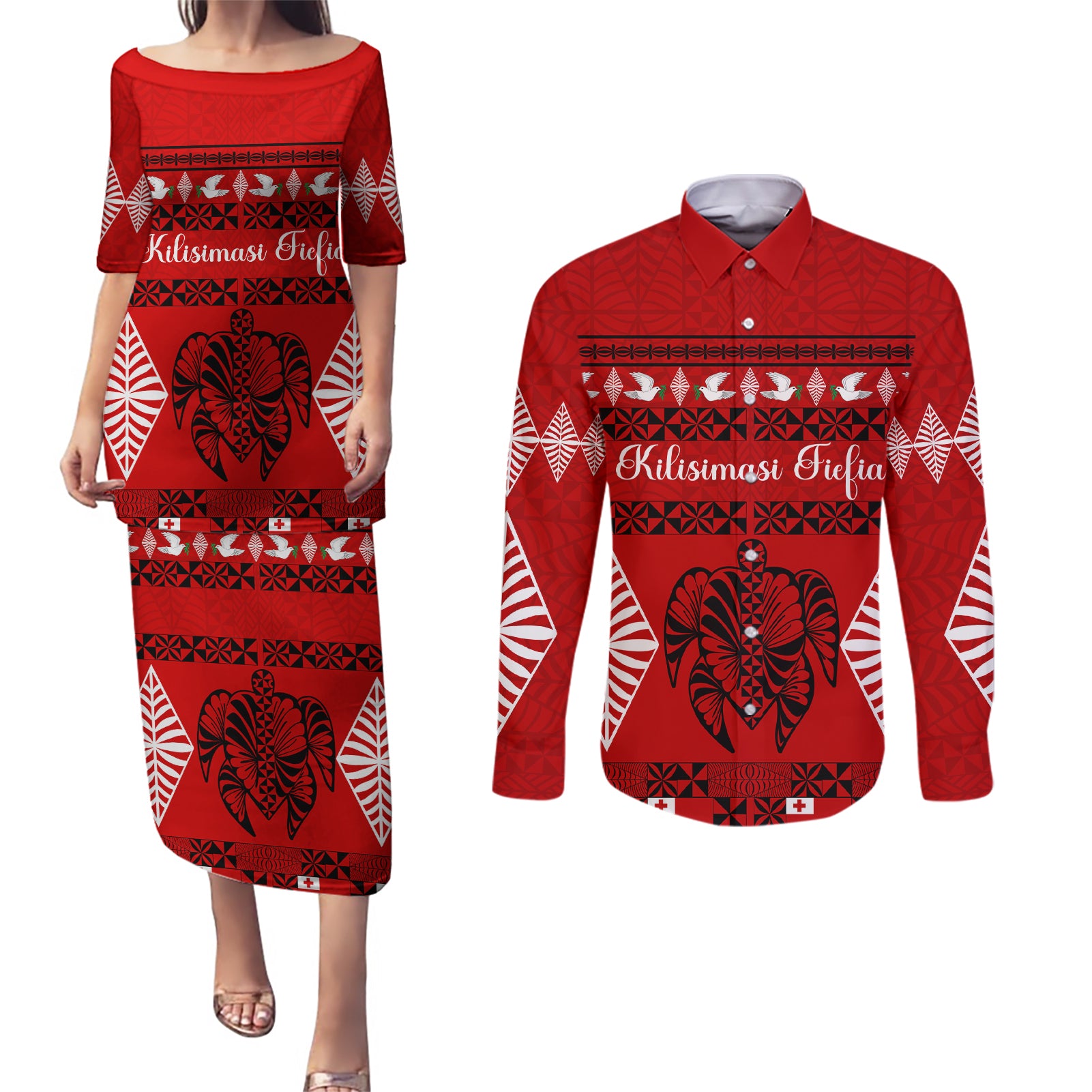 Personalised Tonga Kilisimasi Fiefia Couples Matching Puletasi Dress and Long Sleeve Button Shirt Merry Christmas with Turtle Ngatu Pattern LT9 Red - Polynesian Pride