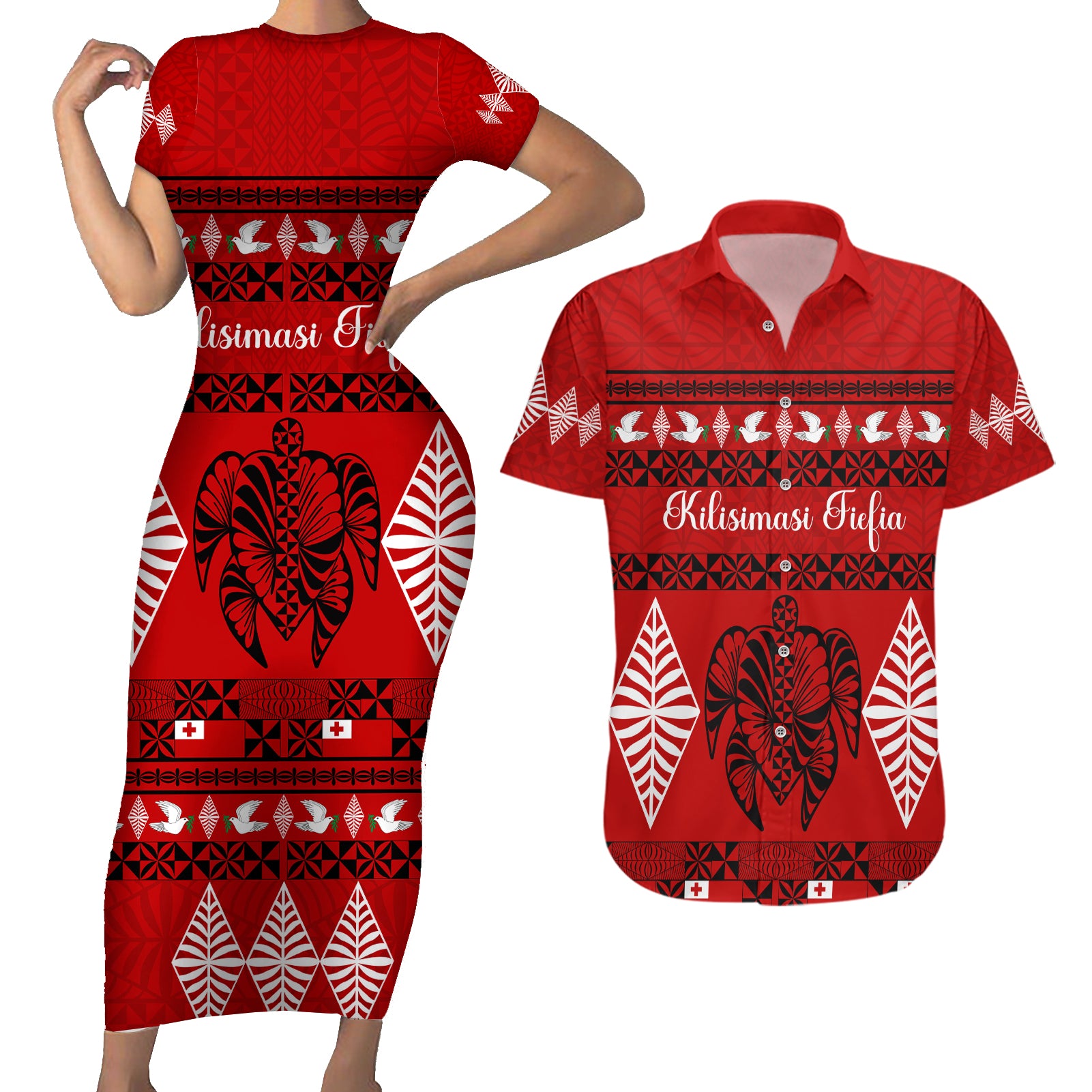 Personalised Tonga Kilisimasi Fiefia Couples Matching Short Sleeve Bodycon Dress and Hawaiian Shirt Merry Christmas with Turtle Ngatu Pattern LT9 Red - Polynesian Pride