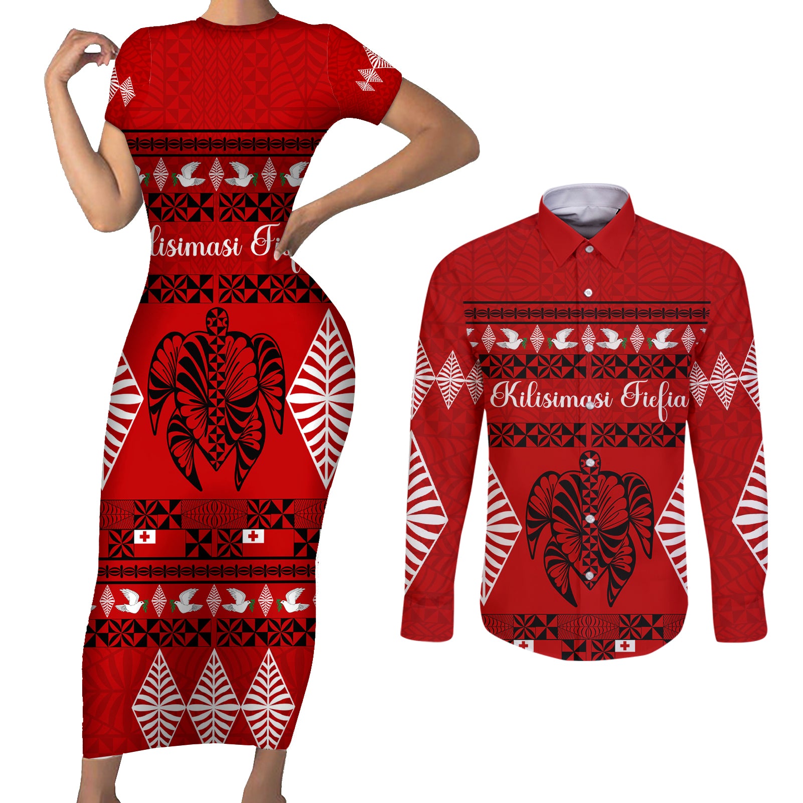 Personalised Tonga Kilisimasi Fiefia Couples Matching Short Sleeve Bodycon Dress and Long Sleeve Button Shirt Merry Christmas with Turtle Ngatu Pattern LT9 Red - Polynesian Pride