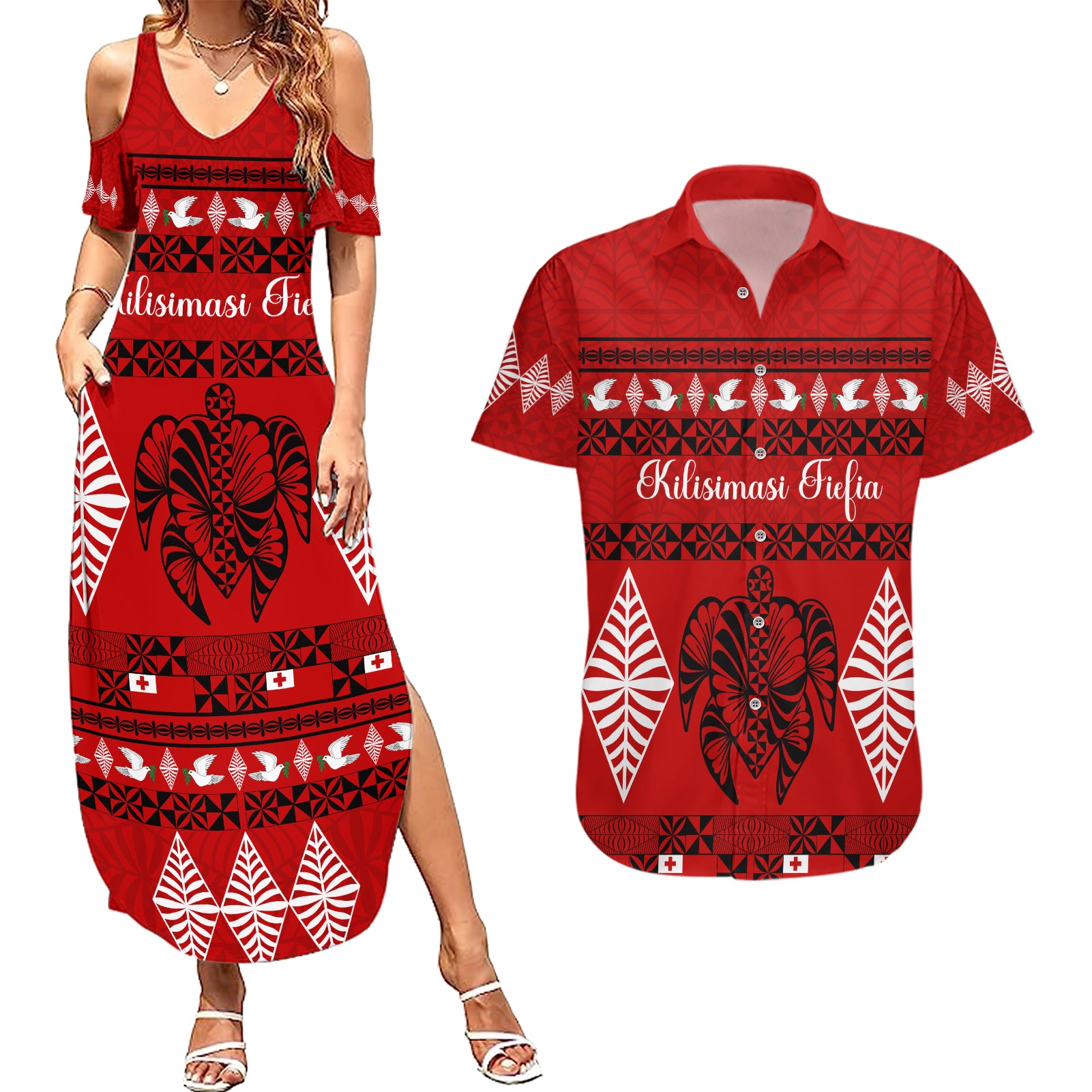 Personalised Tonga Kilisimasi Fiefia Couples Matching Summer Maxi Dress and Hawaiian Shirt Merry Christmas with Turtle Ngatu Pattern LT9 Red - Polynesian Pride