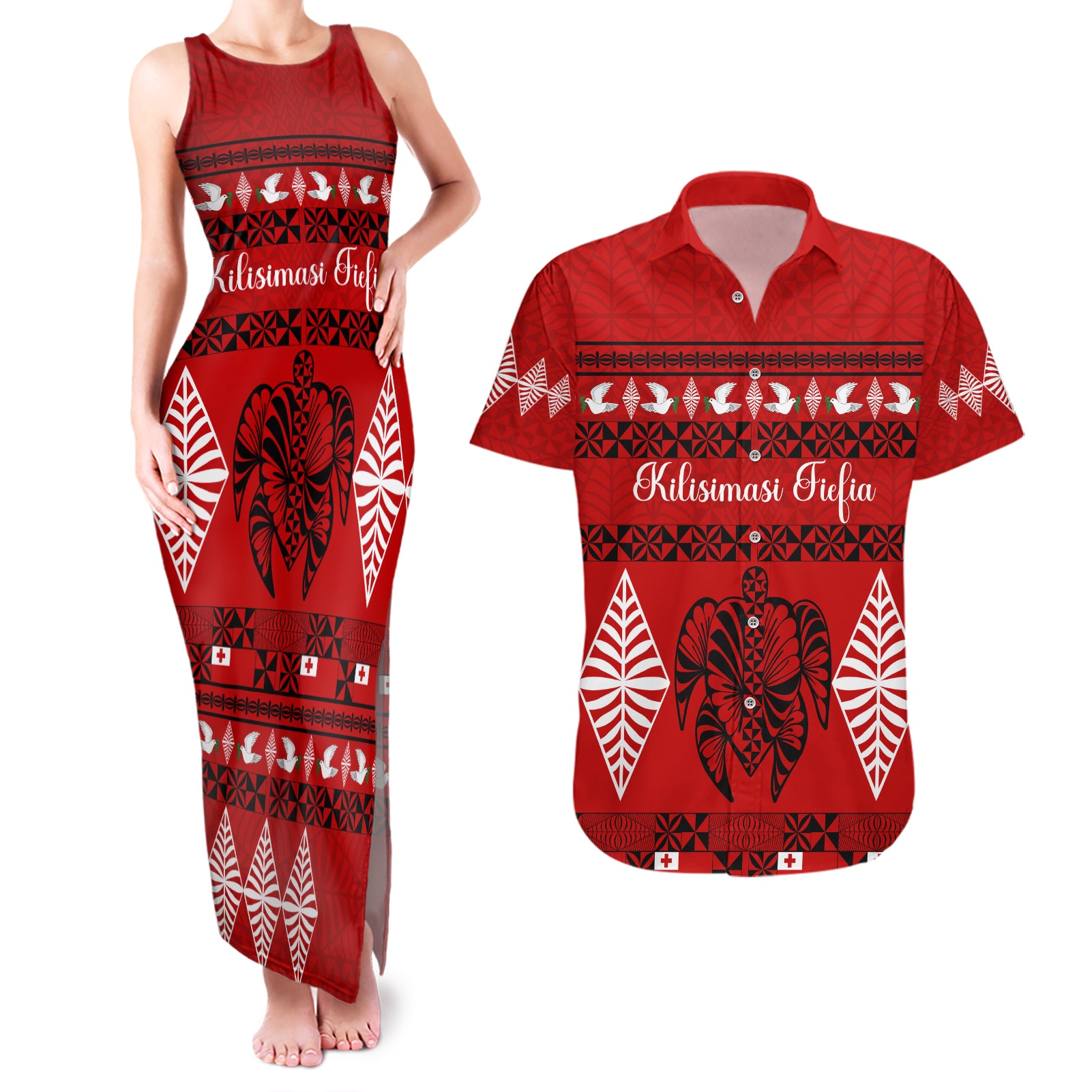 Personalised Tonga Kilisimasi Fiefia Couples Matching Tank Maxi Dress and Hawaiian Shirt Merry Christmas with Turtle Ngatu Pattern LT9 Red - Polynesian Pride