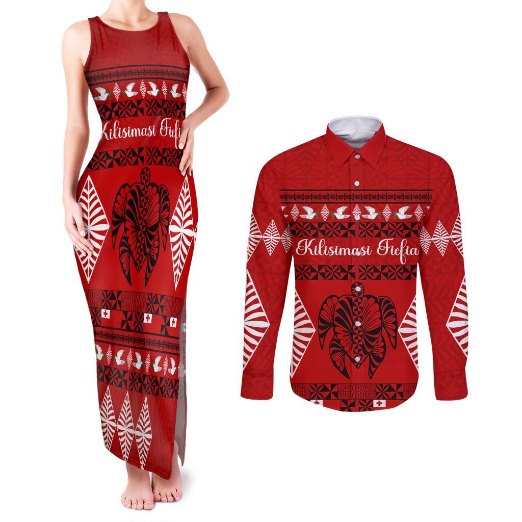 Personalised Tonga Kilisimasi Fiefia Couples Matching Tank Maxi Dress and Long Sleeve Button Shirt Merry Christmas with Turtle Ngatu Pattern LT9 Red - Polynesian Pride