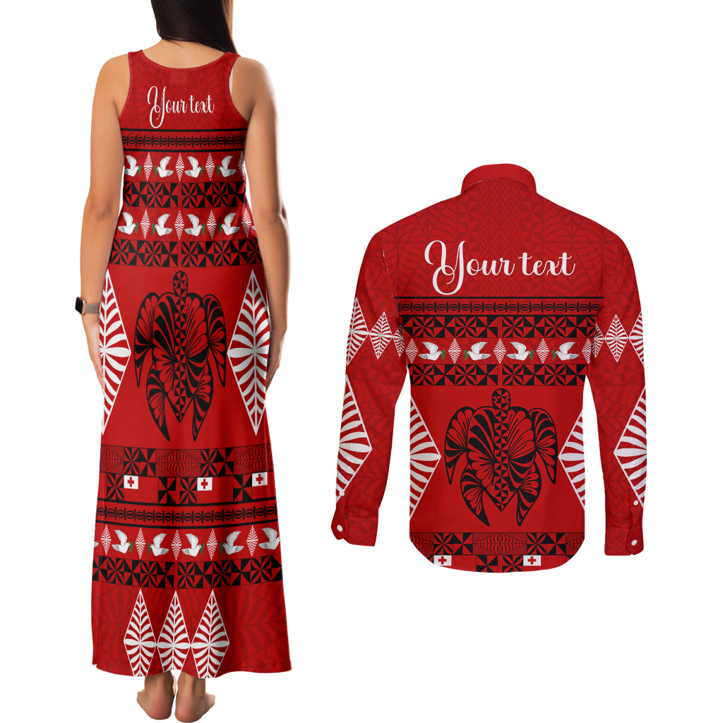 Personalised Tonga Kilisimasi Fiefia Couples Matching Tank Maxi Dress and Long Sleeve Button Shirt Merry Christmas with Turtle Ngatu Pattern LT9 - Polynesian Pride
