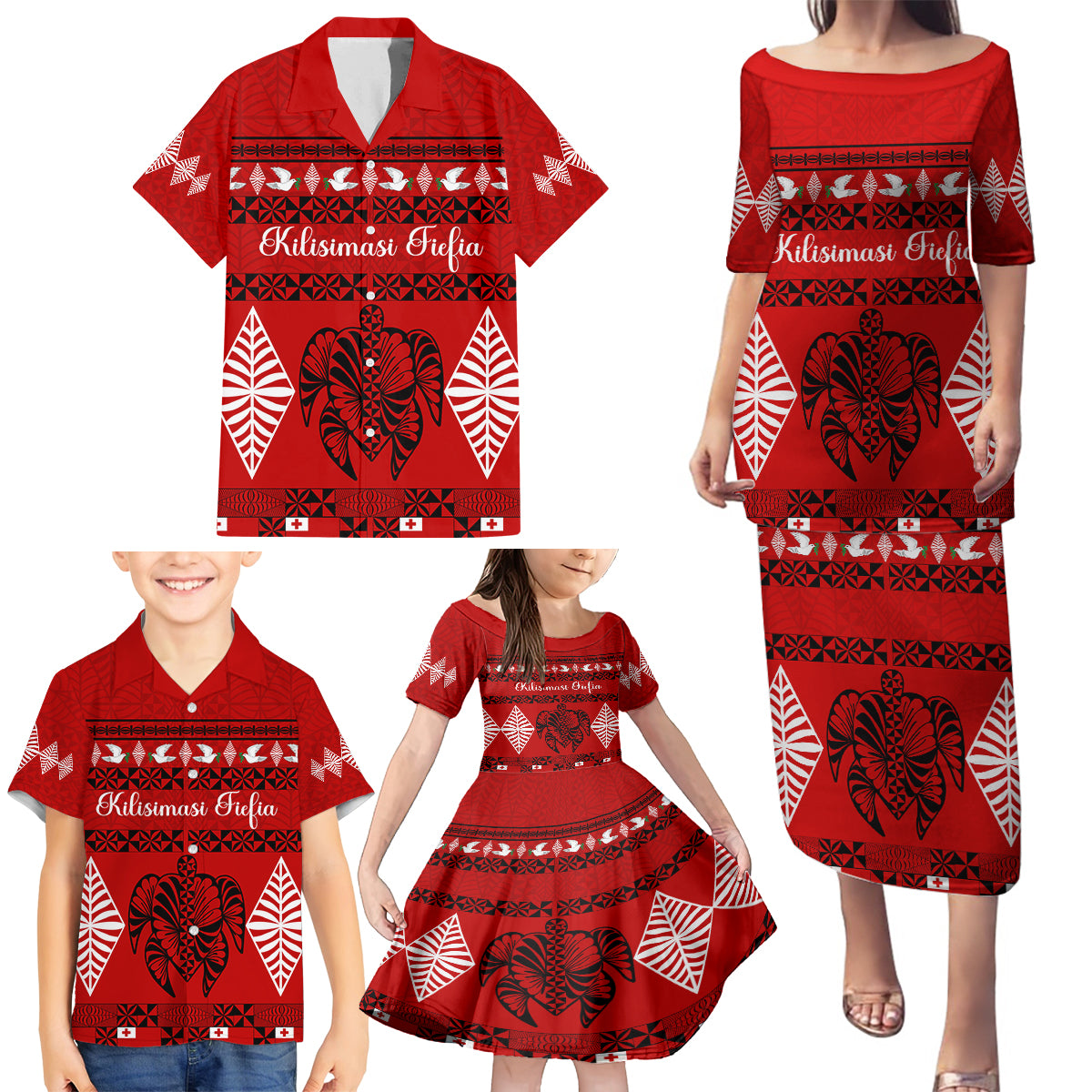 Personalised Tonga Kilisimasi Fiefia Family Matching Puletasi Dress and Hawaiian Shirt Merry Christmas with Turtle Ngatu Pattern LT9 - Polynesian Pride