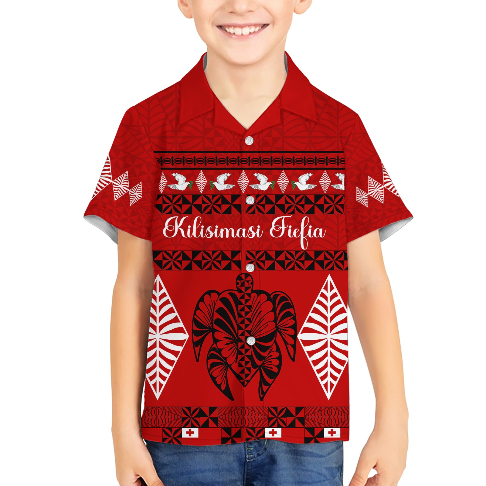 Personalised Tonga Kilisimasi Fiefia Kid Hawaiian Shirt Merry Christmas with Turtle Ngatu Pattern LT9 Kid Red - Polynesian Pride