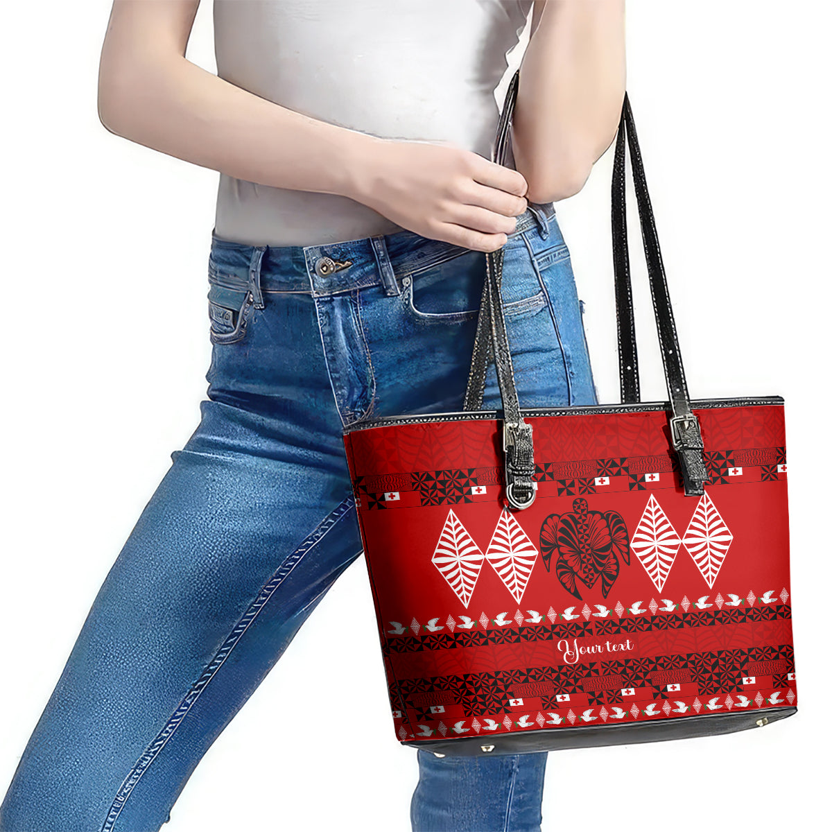 Personalised Tonga Kilisimasi Fiefia Leather Tote Bag Merry Christmas with Turtle Ngatu Pattern LT9 - Polynesian Pride