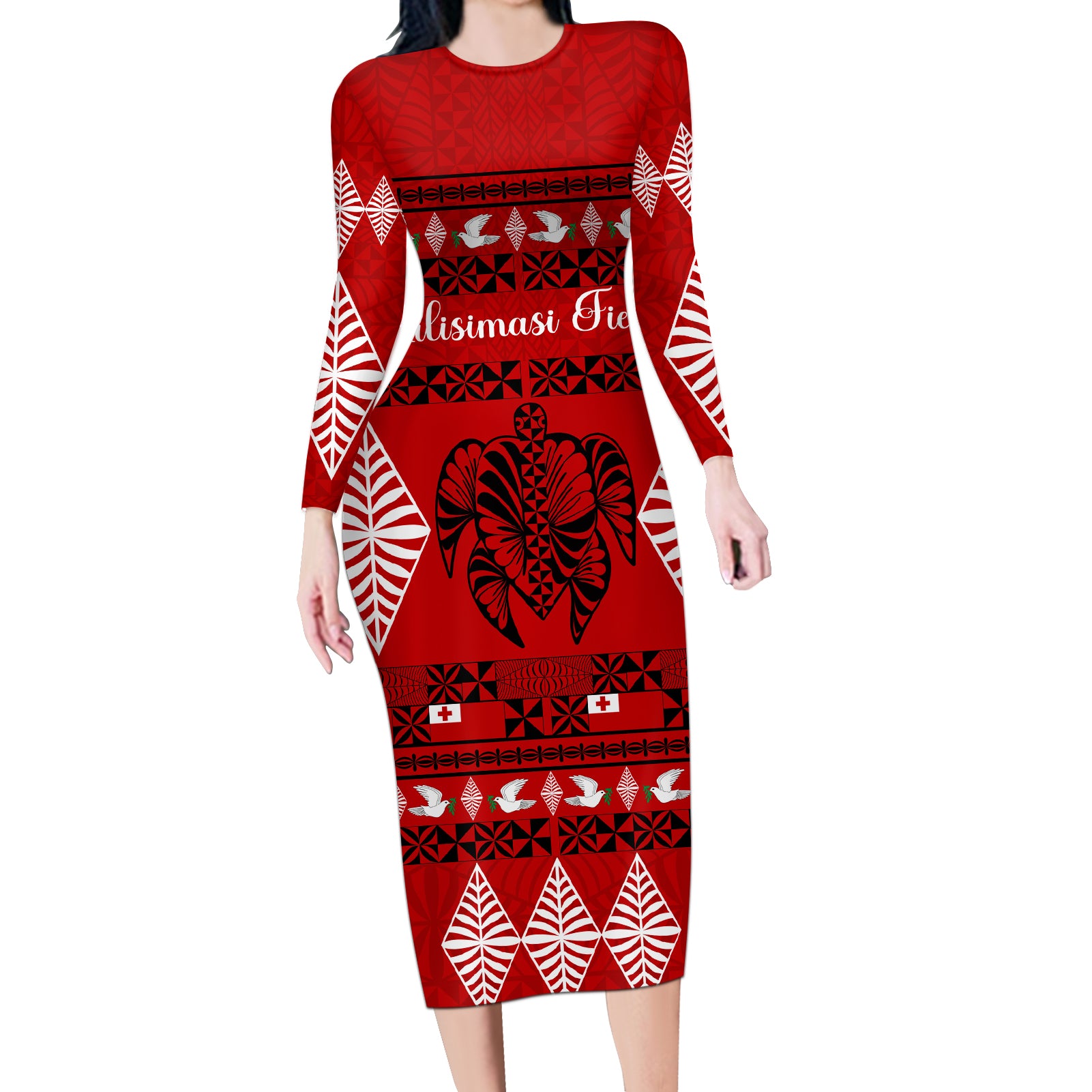 Personalised Tonga Kilisimasi Fiefia Long Sleeve Bodycon Dress Merry Christmas with Turtle Ngatu Pattern LT9 Long Dress Red - Polynesian Pride