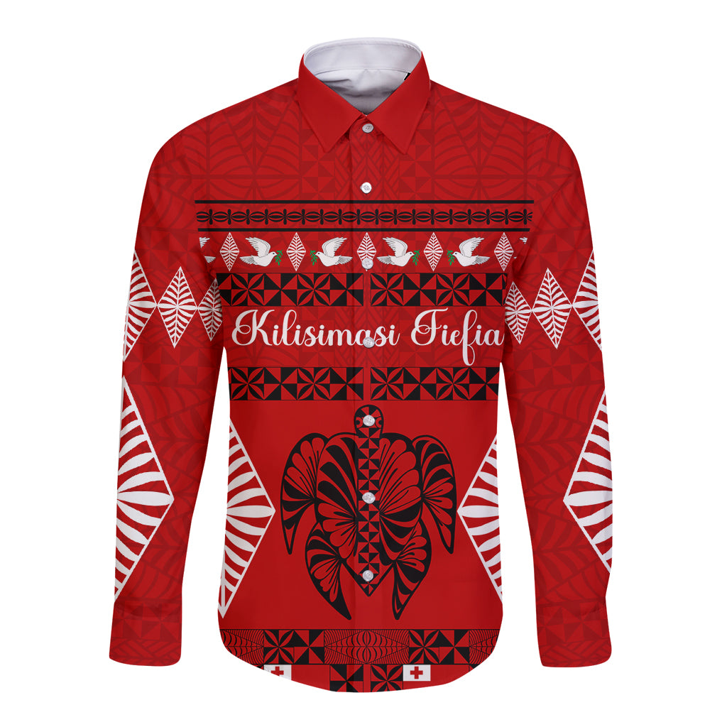 Personalised Tonga Kilisimasi Fiefia Long Sleeve Button Shirt Merry Christmas with Turtle Ngatu Pattern LT9 Unisex Red - Polynesian Pride