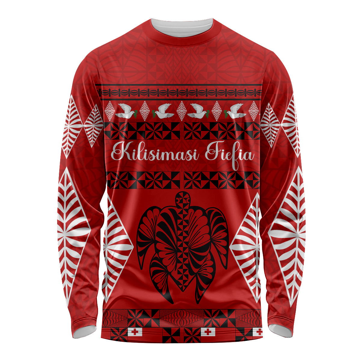 Personalised Tonga Kilisimasi Fiefia Long Sleeve Shirt Merry Christmas with Turtle Ngatu Pattern LT9 Unisex Red - Polynesian Pride