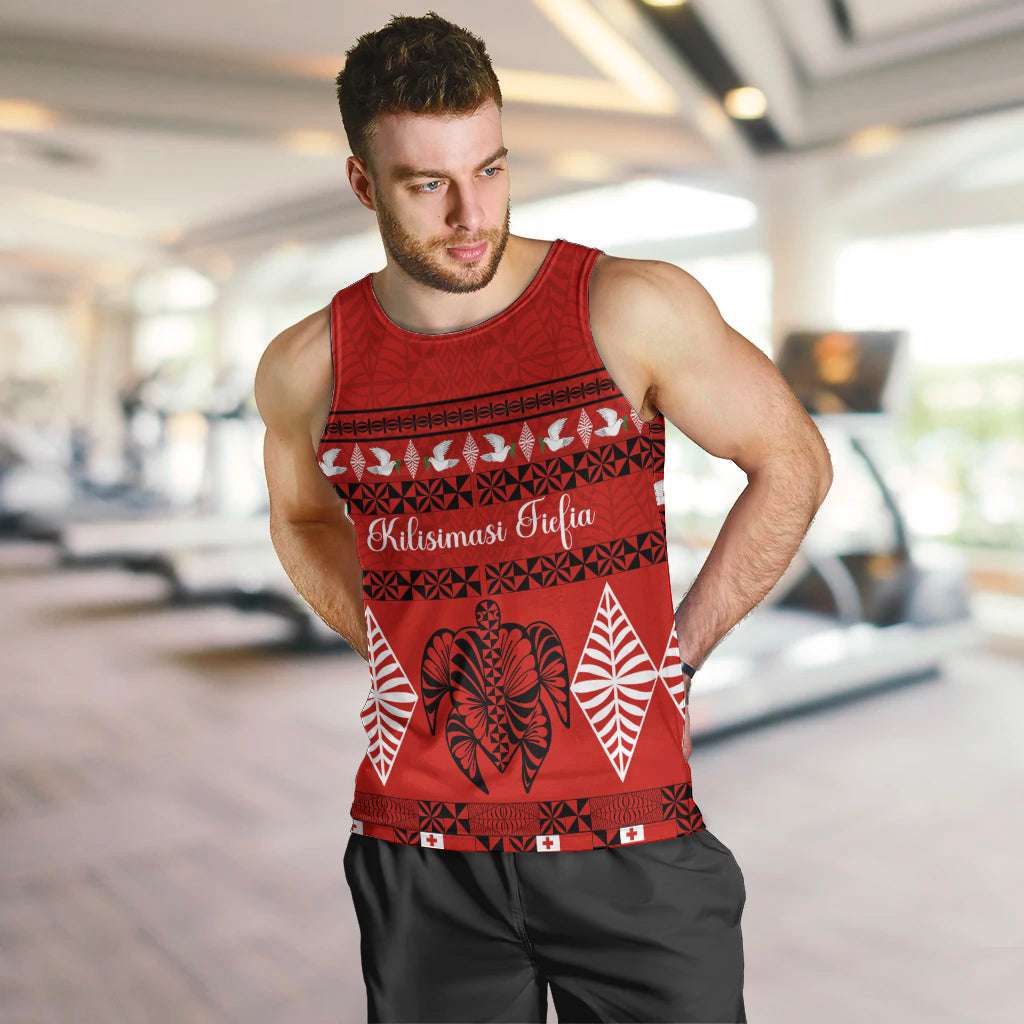 Personalised Tonga Kilisimasi Fiefia Men Tank Top Merry Christmas with Turtle Ngatu Pattern LT9 Red - Polynesian Pride