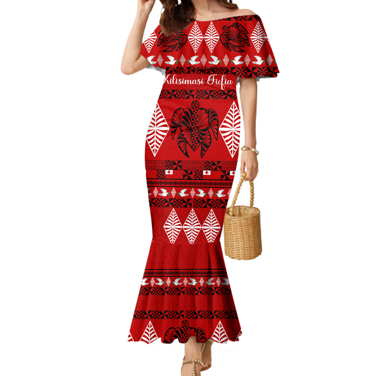 Personalised Tonga Kilisimasi Fiefia Mermaid Dress Merry Christmas with Turtle Ngatu Pattern LT9 Women Red - Polynesian Pride