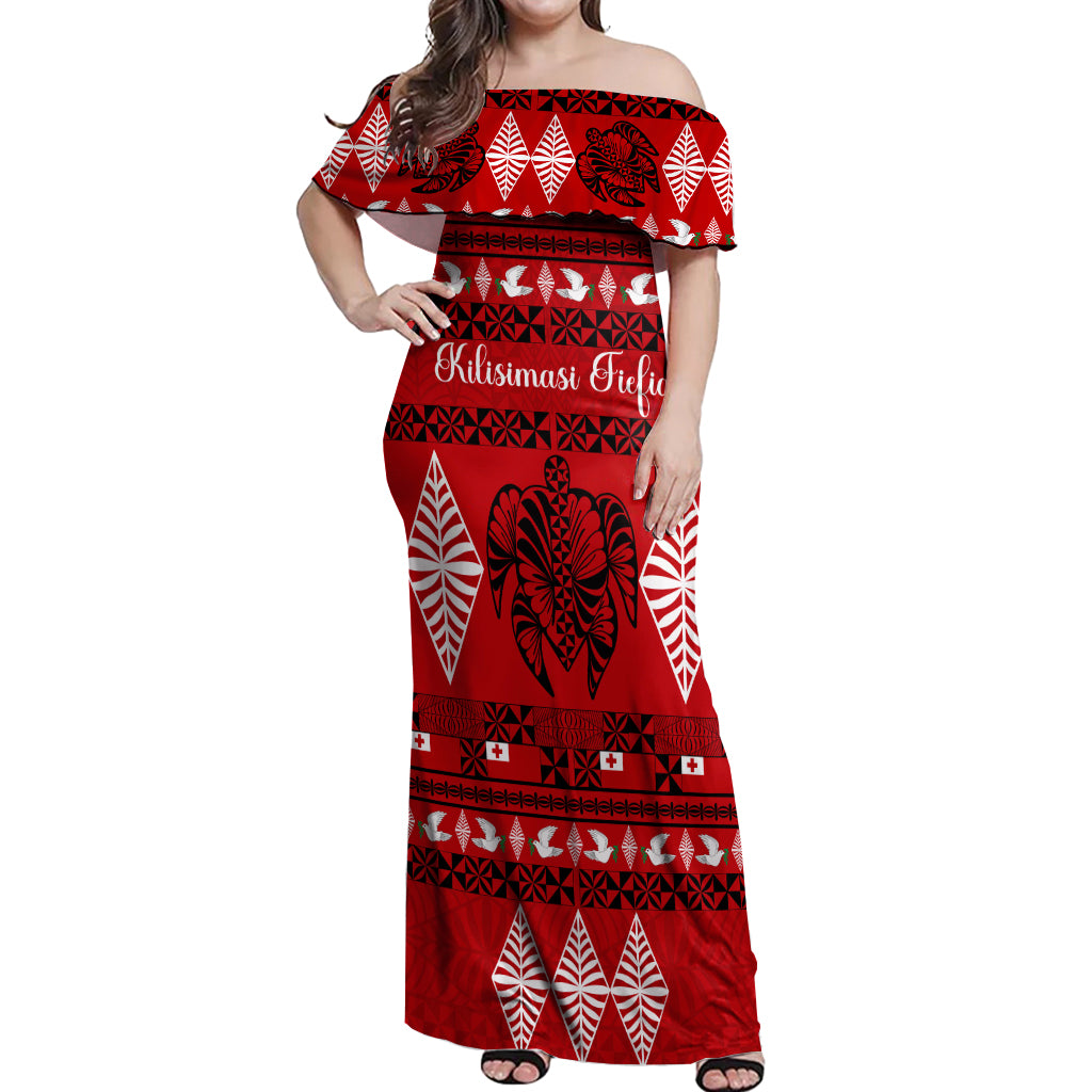 Personalised Tonga Kilisimasi Fiefia Off Shoulder Maxi Dress Merry Christmas with Turtle Ngatu Pattern LT9 Women Red - Polynesian Pride