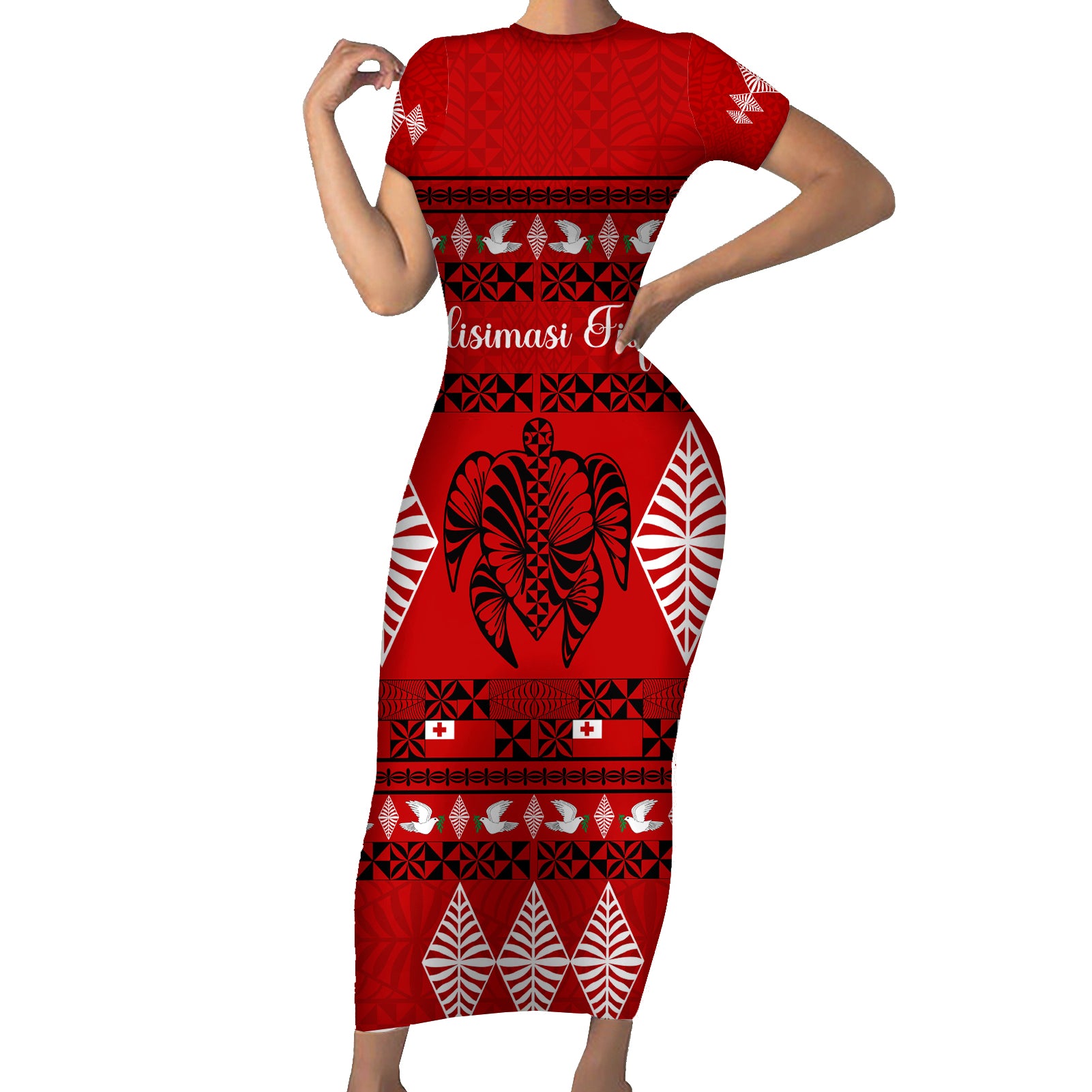 Personalised Tonga Kilisimasi Fiefia Short Sleeve Bodycon Dress Merry Christmas with Turtle Ngatu Pattern LT9 Long Dress Red - Polynesian Pride