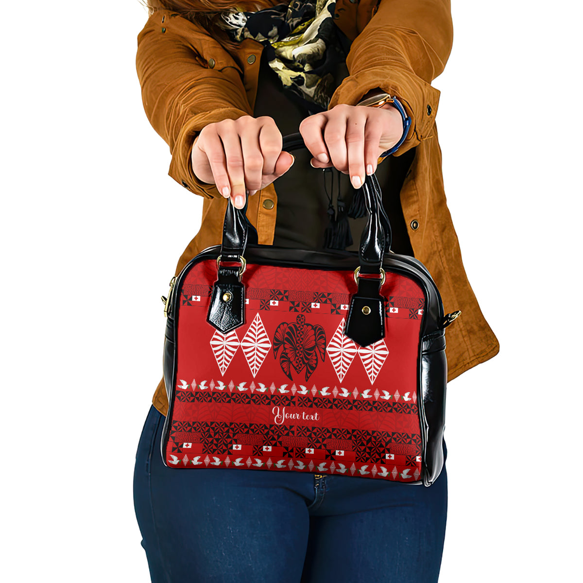 Personalised Tonga Kilisimasi Fiefia Shoulder Handbag Merry Christmas with Turtle Ngatu Pattern LT9 One Size Red - Polynesian Pride