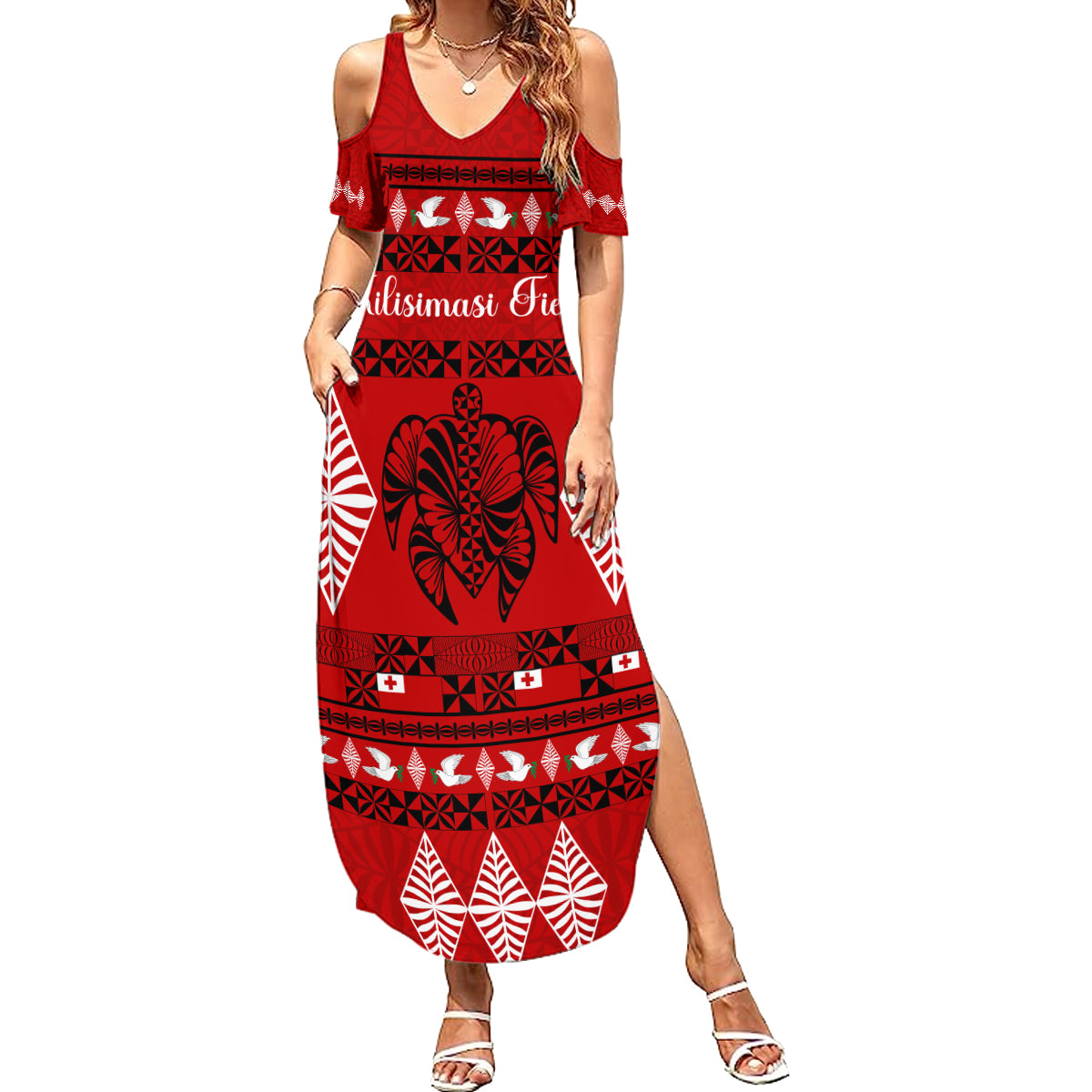 Personalised Tonga Kilisimasi Fiefia Summer Maxi Dress Merry Christmas with Turtle Ngatu Pattern LT9 Women Red - Polynesian Pride