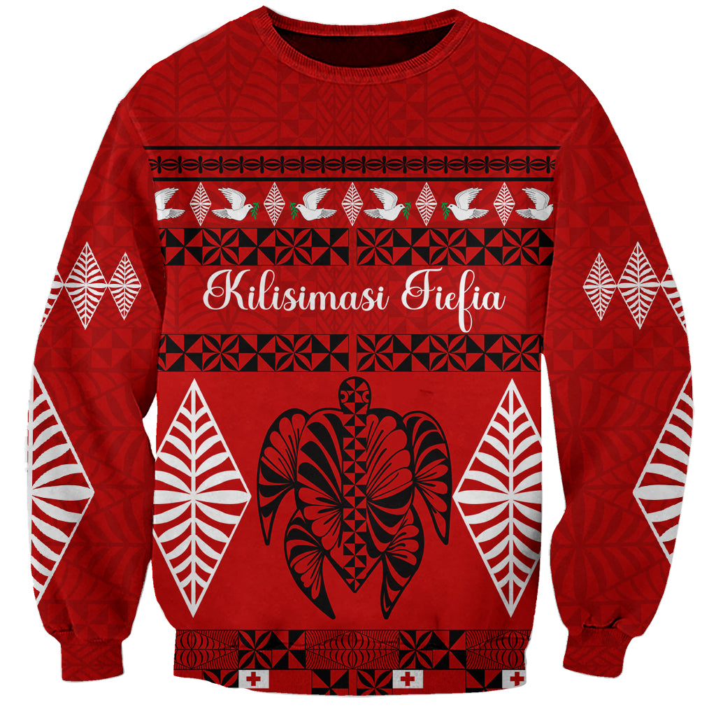Personalised Tonga Kilisimasi Fiefia Sweatshirt Merry Christmas with Turtle Ngatu Pattern LT9 Unisex Red - Polynesian Pride