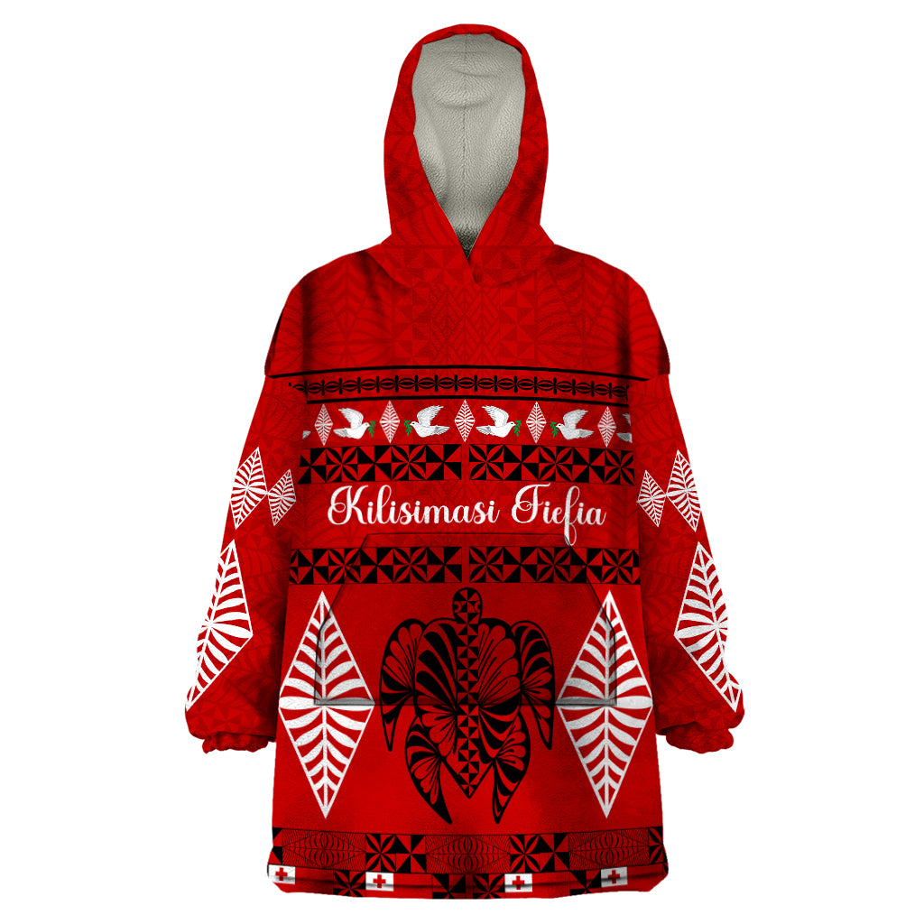 Personalised Tonga Kilisimasi Fiefia Wearable Blanket Hoodie Merry Christmas with Turtle Ngatu Pattern LT9 One Size Red - Polynesian Pride