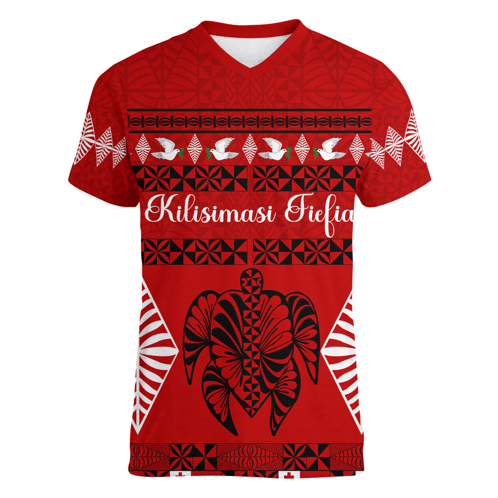 Personalised Tonga Kilisimasi Fiefia Women V Neck T Shirt Merry Christmas with Turtle Ngatu Pattern LT9 Female Red - Polynesian Pride