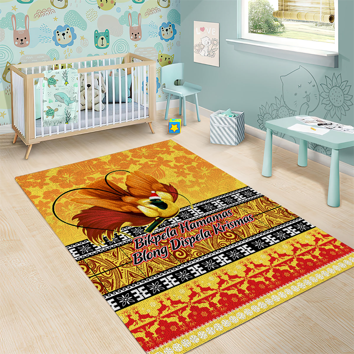 PNG Hamamas Krismas Area Rug Papua New Guinea Bird Of Paradise Merry Christmas Gold Style LT9 - Polynesian Pride