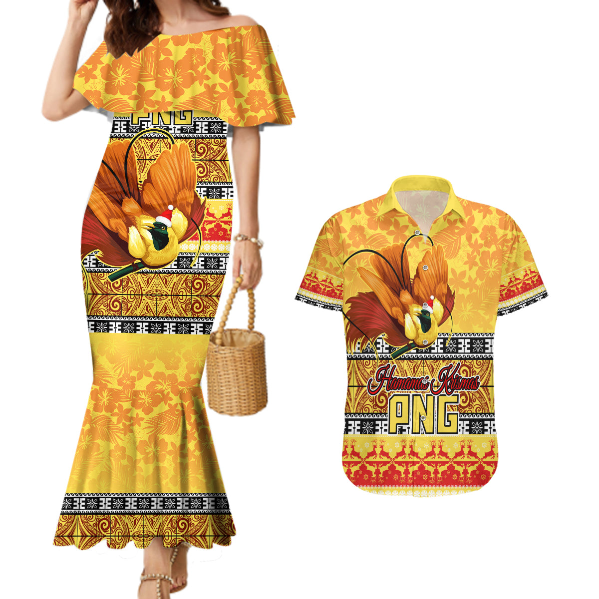 PNG Hamamas Krismas Couples Matching Mermaid Dress and Hawaiian Shirt Papua New Guinea Bird Of Paradise Merry Christmas Gold Style LT9 Gold - Polynesian Pride