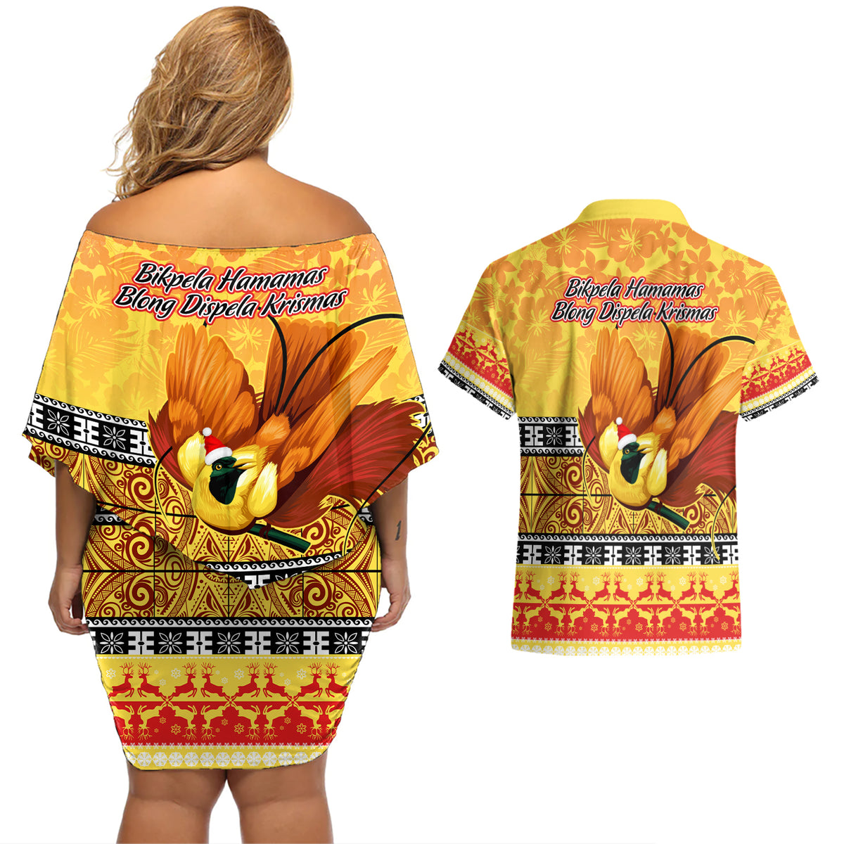 PNG Hamamas Krismas Couples Matching Off Shoulder Short Dress and Hawaiian Shirt Papua New Guinea Bird Of Paradise Merry Christmas Gold Style LT9 - Polynesian Pride