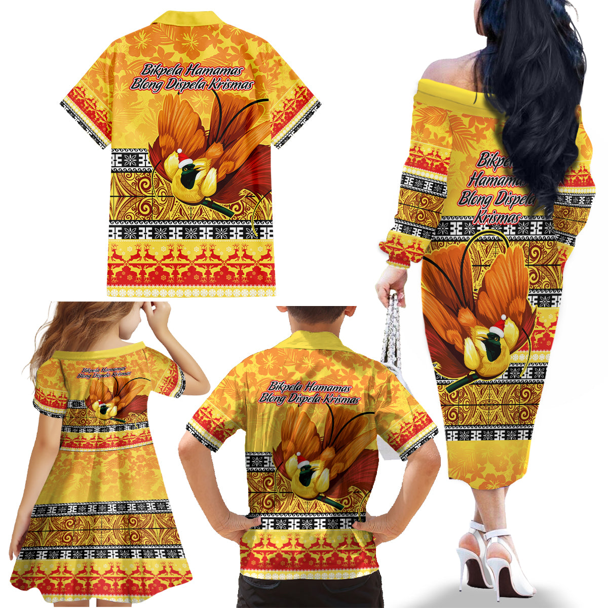 PNG Hamamas Krismas Family Matching Off Shoulder Long Sleeve Dress and Hawaiian Shirt Papua New Guinea Bird Of Paradise Merry Christmas Gold Style LT9 - Polynesian Pride