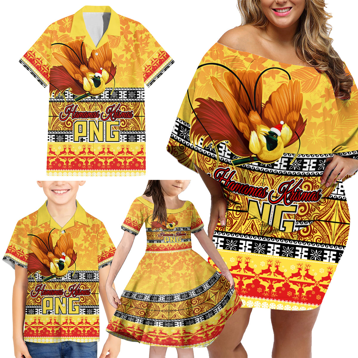 PNG Hamamas Krismas Family Matching Off Shoulder Short Dress and Hawaiian Shirt Papua New Guinea Bird Of Paradise Merry Christmas Gold Style LT9 - Polynesian Pride