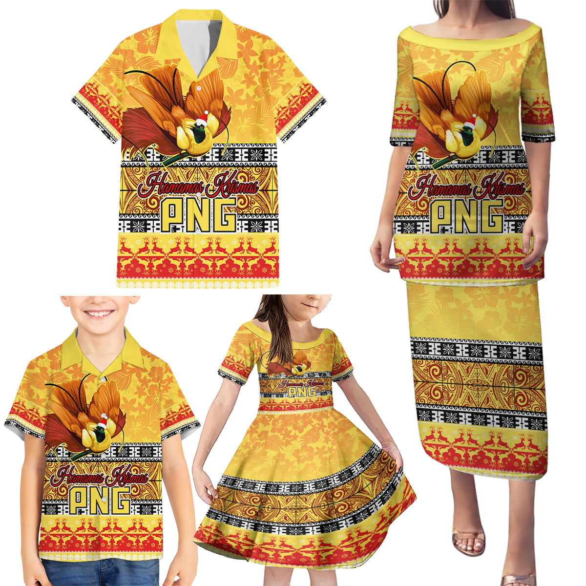 PNG Hamamas Krismas Family Matching Puletasi Dress and Hawaiian Shirt Papua New Guinea Bird Of Paradise Merry Christmas Gold Style LT9 - Polynesian Pride