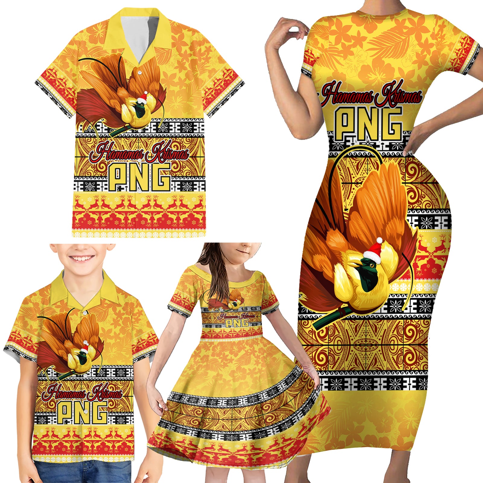 PNG Hamamas Krismas Family Matching Short Sleeve Bodycon Dress and Hawaiian Shirt Papua New Guinea Bird Of Paradise Merry Christmas Gold Style LT9 - Polynesian Pride