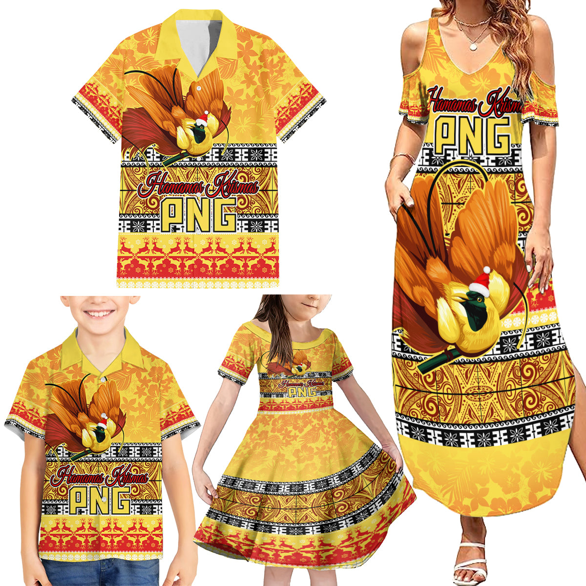 PNG Hamamas Krismas Family Matching Summer Maxi Dress and Hawaiian Shirt Papua New Guinea Bird Of Paradise Merry Christmas Gold Style LT9 - Polynesian Pride