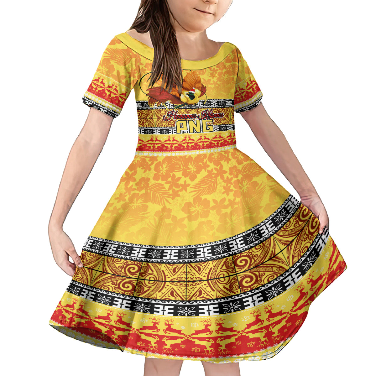PNG Hamamas Krismas Kid Short Sleeve Dress Papua New Guinea Bird Of Paradise Merry Christmas Gold Style LT9 KID Gold - Polynesian Pride