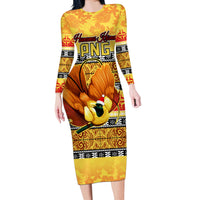 PNG Hamamas Krismas Long Sleeve Bodycon Dress Papua New Guinea Bird Of Paradise Merry Christmas Gold Style LT9 Long Dress Gold - Polynesian Pride