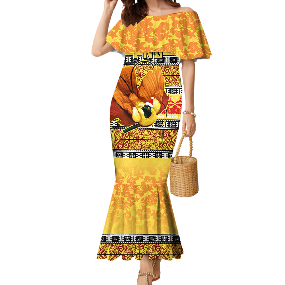 PNG Hamamas Krismas Mermaid Dress Papua New Guinea Bird Of Paradise Merry Christmas Gold Style LT9 Women Gold - Polynesian Pride