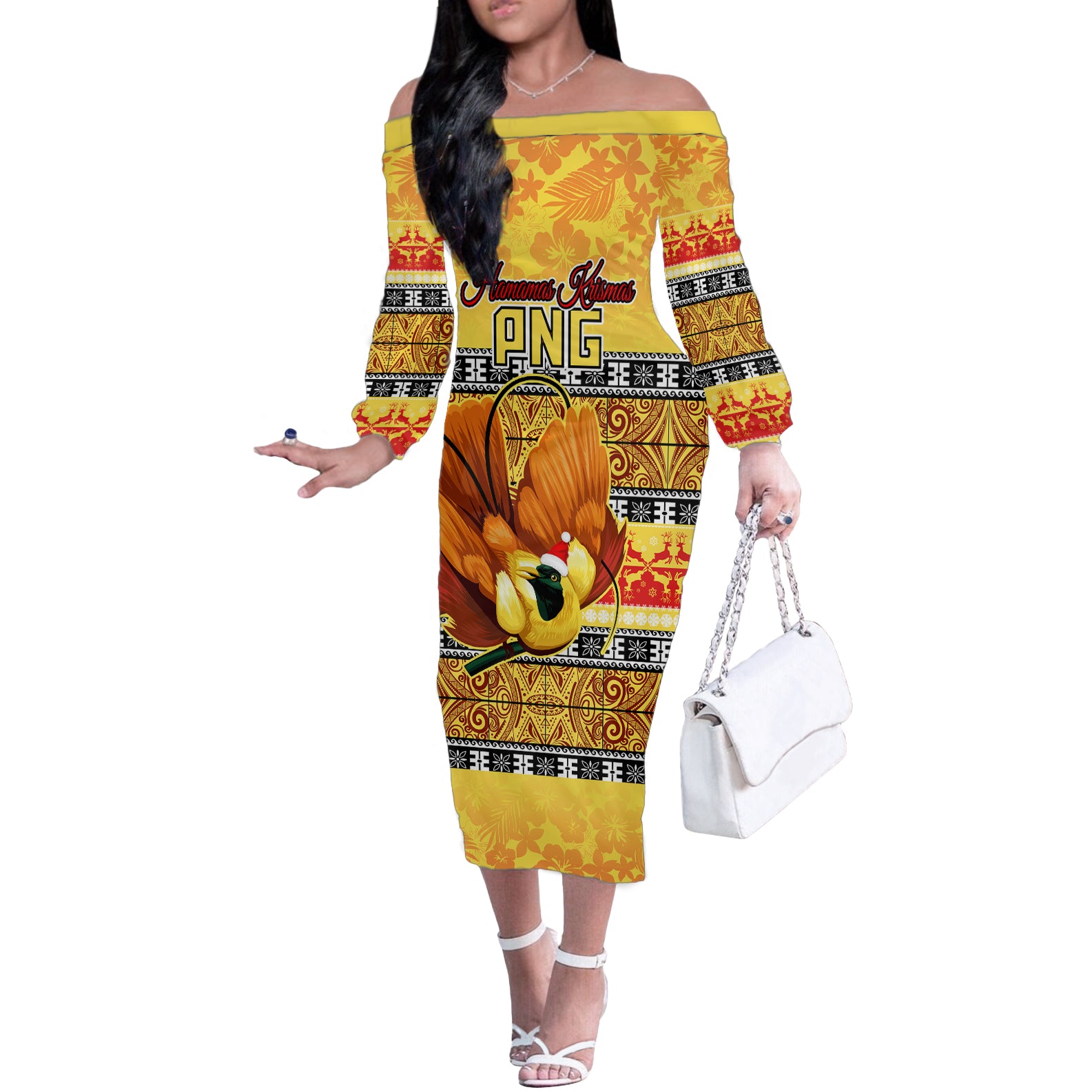 PNG Hamamas Krismas Off The Shoulder Long Sleeve Dress Papua New Guinea Bird Of Paradise Merry Christmas Gold Style LT9 Women Gold - Polynesian Pride