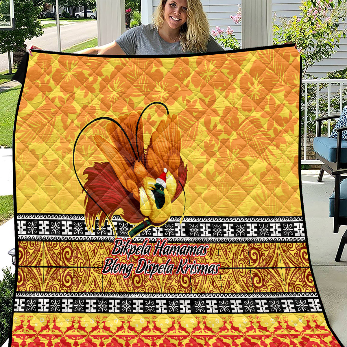 PNG Hamamas Krismas Quilt Papua New Guinea Bird Of Paradise Merry Christmas Gold Style LT9 Gold - Polynesian Pride