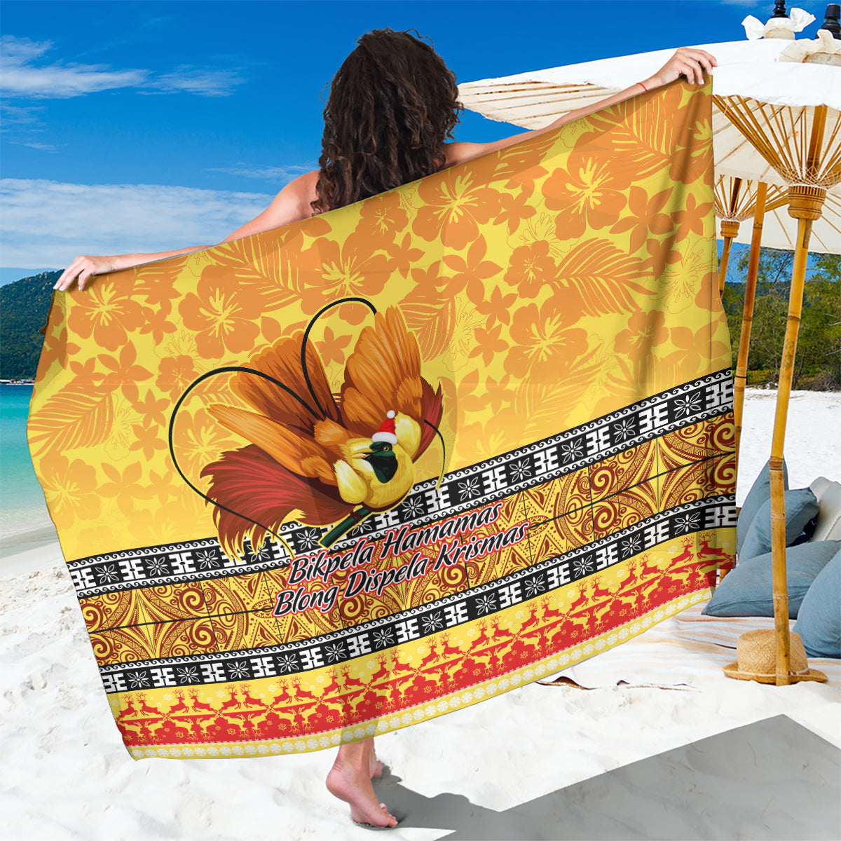 PNG Hamamas Krismas Sarong Papua New Guinea Bird Of Paradise Merry Christmas Gold Style LT9 One Size 44 x 66 inches Gold - Polynesian Pride