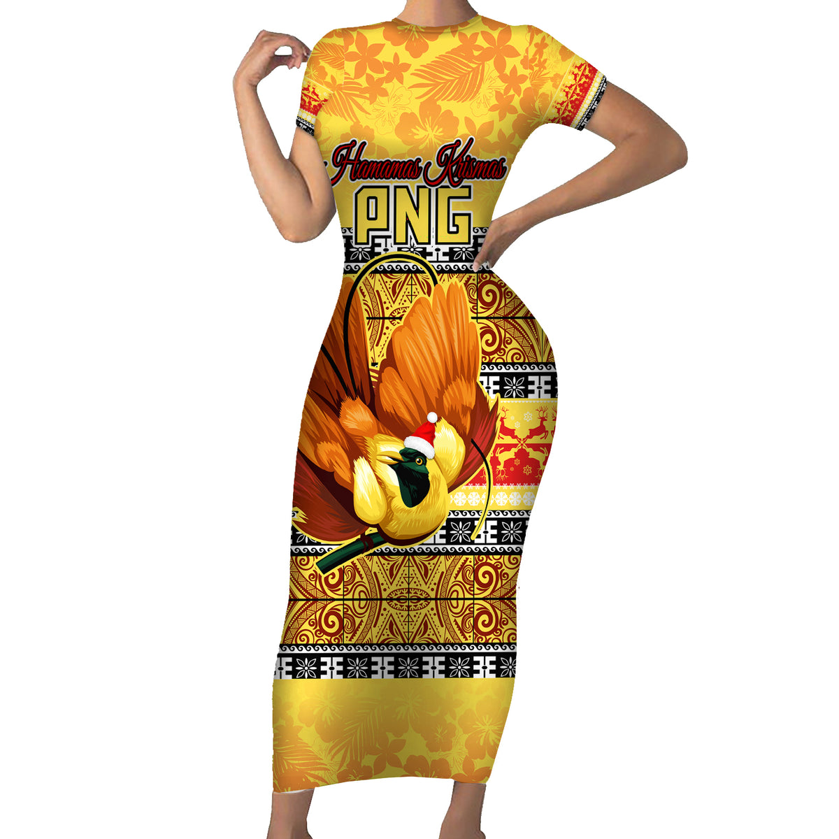 PNG Hamamas Krismas Short Sleeve Bodycon Dress Papua New Guinea Bird Of Paradise Merry Christmas Gold Style LT9 Long Dress Gold - Polynesian Pride