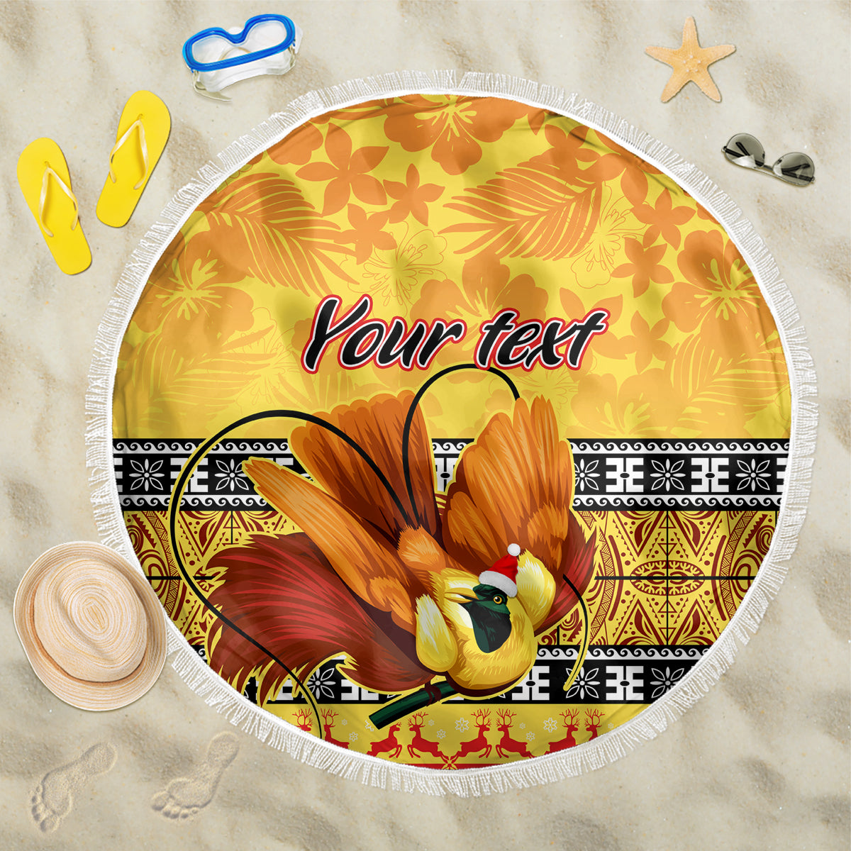 Personalised PNG Hamamas Krismas Beach Blanket Papua New Guinea Bird Of Paradise Merry Christmas Gold Style LT9 One Size 150cm Gold - Polynesian Pride