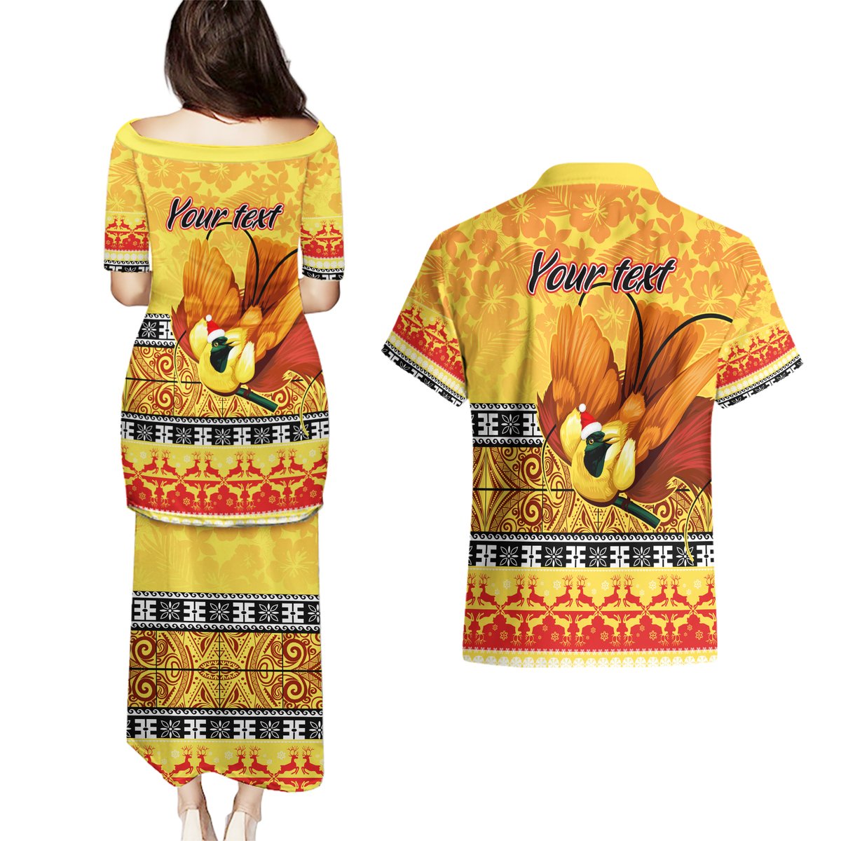 Personalised PNG Hamamas Krismas Couples Matching Puletasi Dress and Hawaiian Shirt Papua New Guinea Bird Of Paradise Merry Christmas Gold Style LT9 - Polynesian Pride