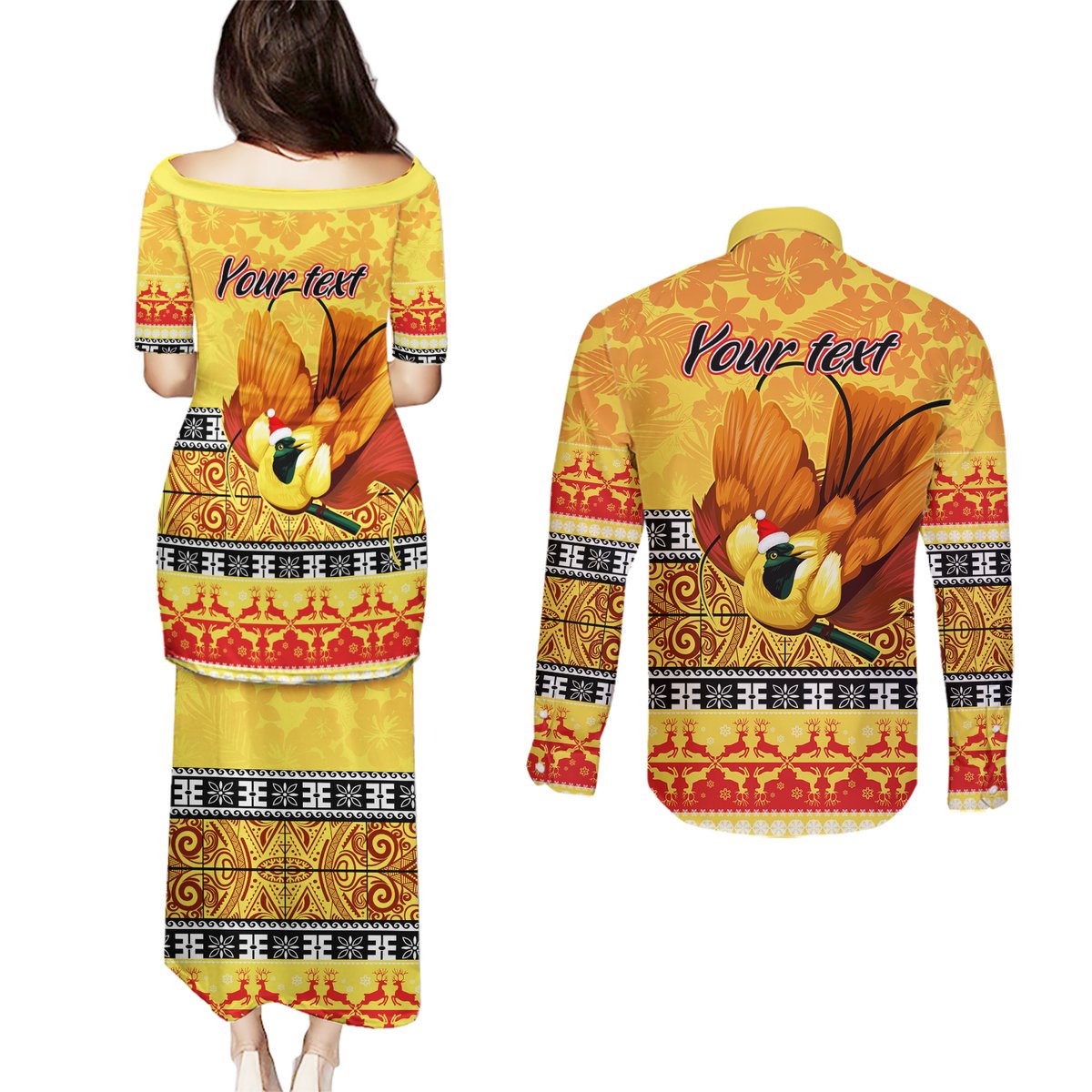 Personalised PNG Hamamas Krismas Couples Matching Puletasi Dress and Long Sleeve Button Shirt Papua New Guinea Bird Of Paradise Merry Christmas Gold Style LT9 - Polynesian Pride