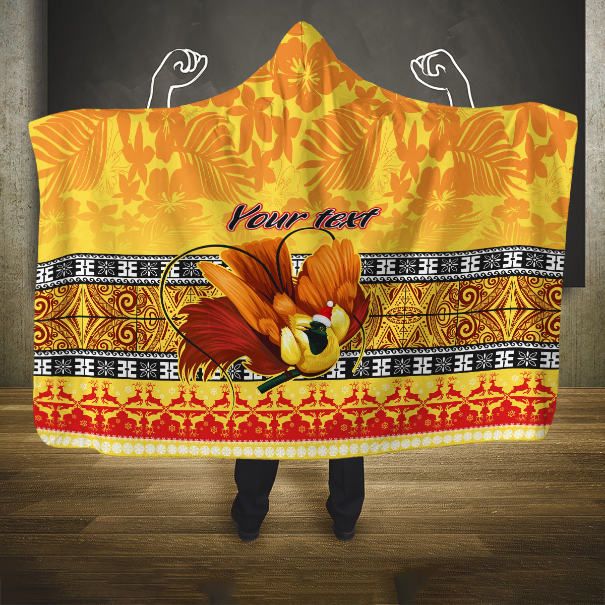 Personalised PNG Hamamas Krismas Hooded Blanket Papua New Guinea Bird Of Paradise Merry Christmas Gold Style LT9 One Size Gold - Polynesian Pride