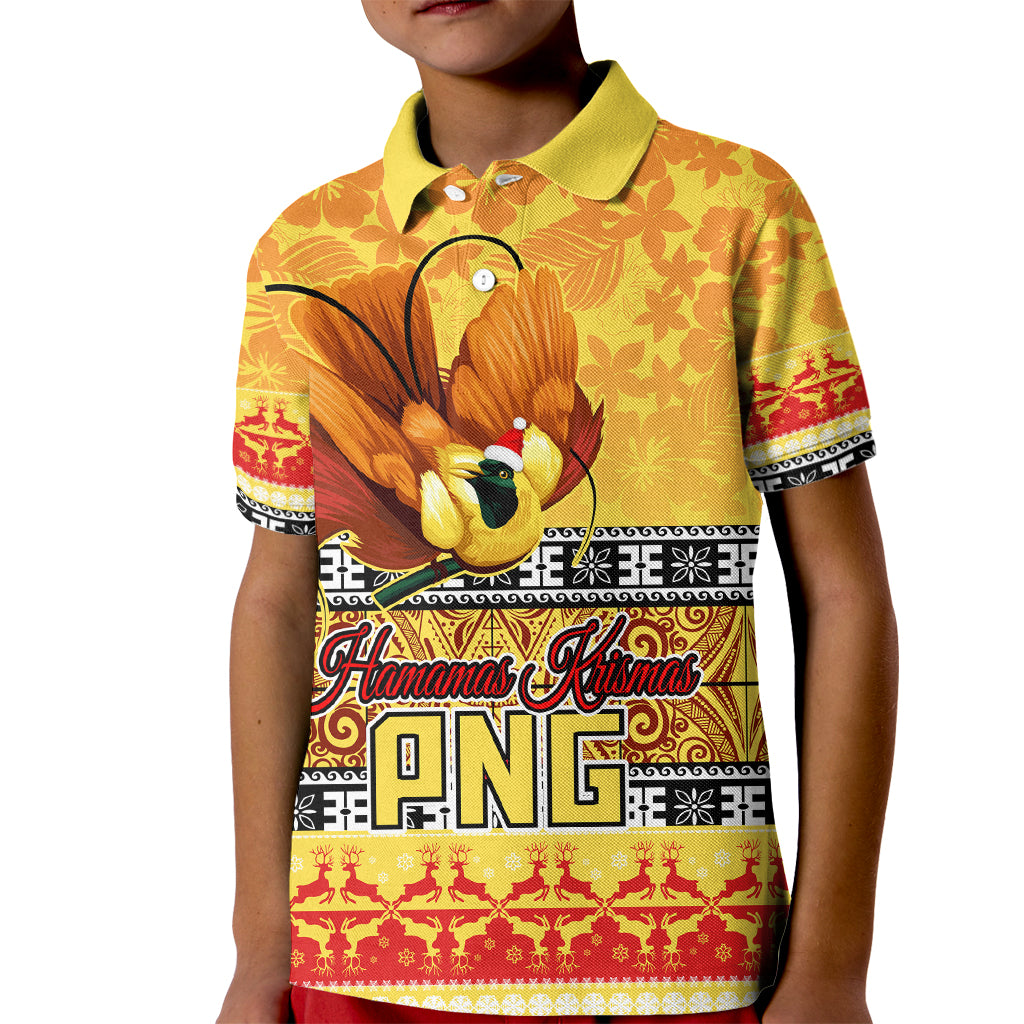 Personalised PNG Hamamas Krismas Kid Polo Shirt Papua New Guinea Bird Of Paradise Merry Christmas Gold Style LT9 Kid Gold - Polynesian Pride