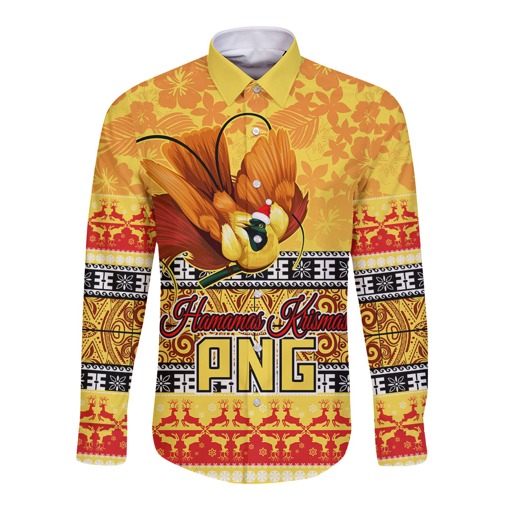 Personalised PNG Hamamas Krismas Long Sleeve Button Shirt Papua New Guinea Bird Of Paradise Merry Christmas Gold Style LT9 Unisex Gold - Polynesian Pride