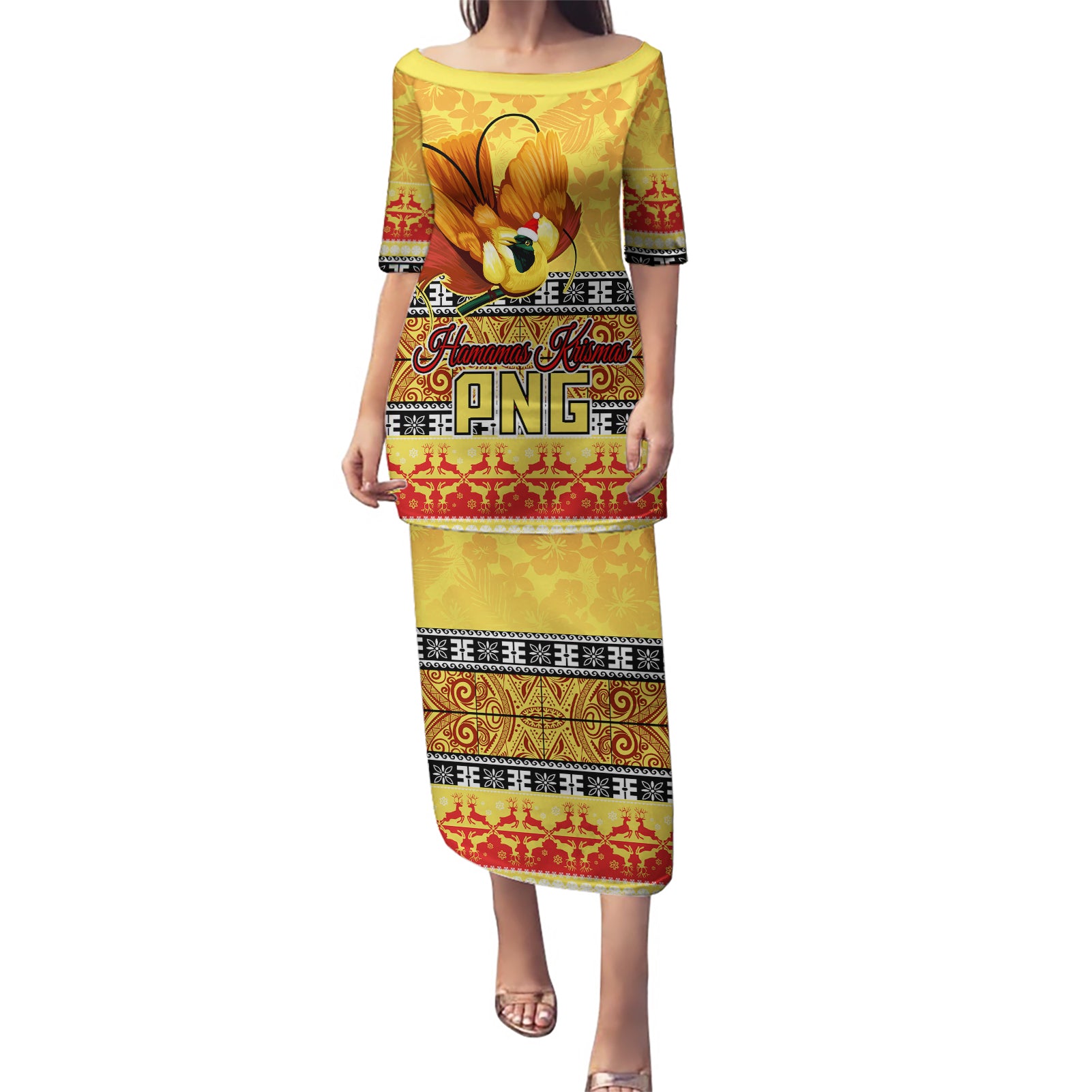 Personalised PNG Hamamas Krismas Puletasi Papua New Guinea Bird Of Paradise Merry Christmas Gold Style LT9 Long Dress Gold - Polynesian Pride