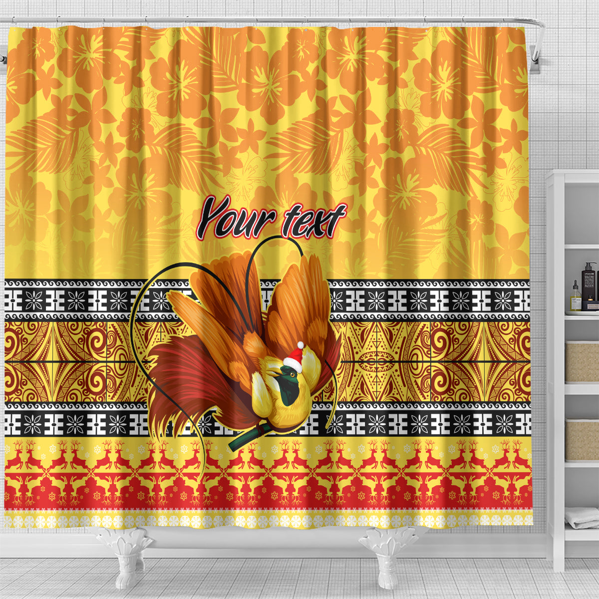 Personalised PNG Hamamas Krismas Shower Curtain Papua New Guinea Bird Of Paradise Merry Christmas Gold Style LT9 - Polynesian Pride
