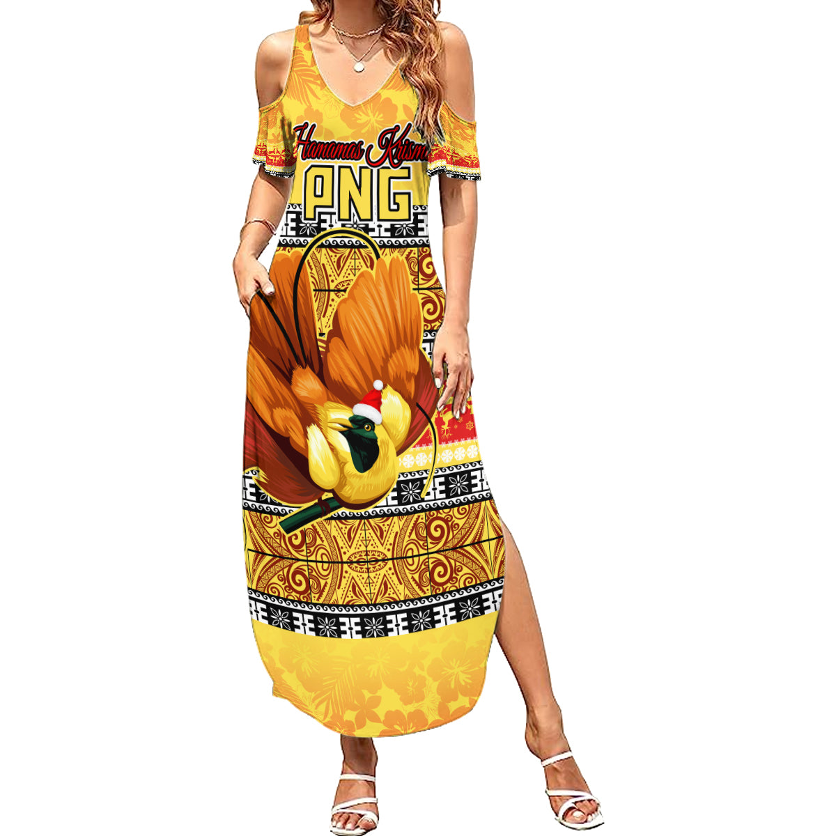 Personalised PNG Hamamas Krismas Summer Maxi Dress Papua New Guinea Bird Of Paradise Merry Christmas Gold Style LT9 Women Gold - Polynesian Pride