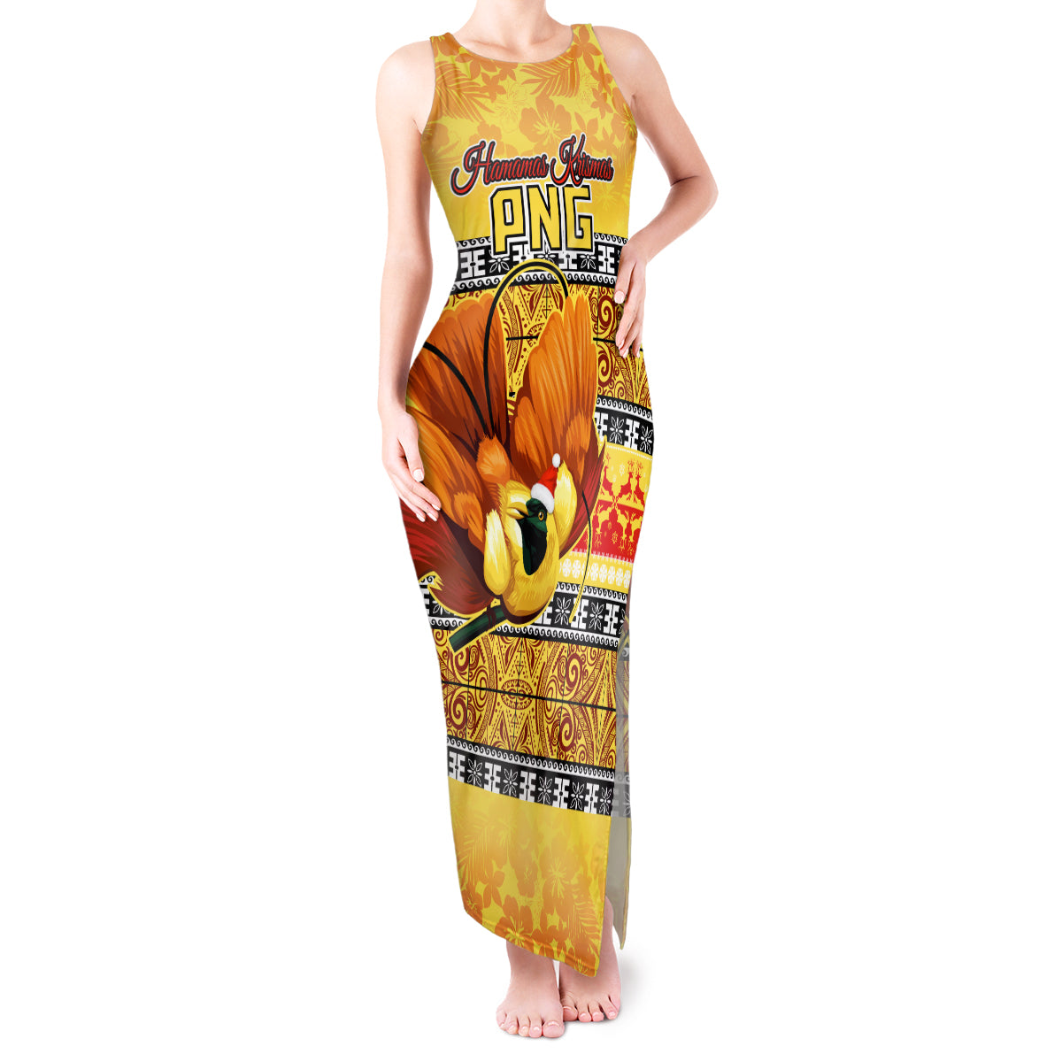 Personalised PNG Hamamas Krismas Tank Maxi Dress Papua New Guinea Bird Of Paradise Merry Christmas Gold Style LT9 Women Gold - Polynesian Pride