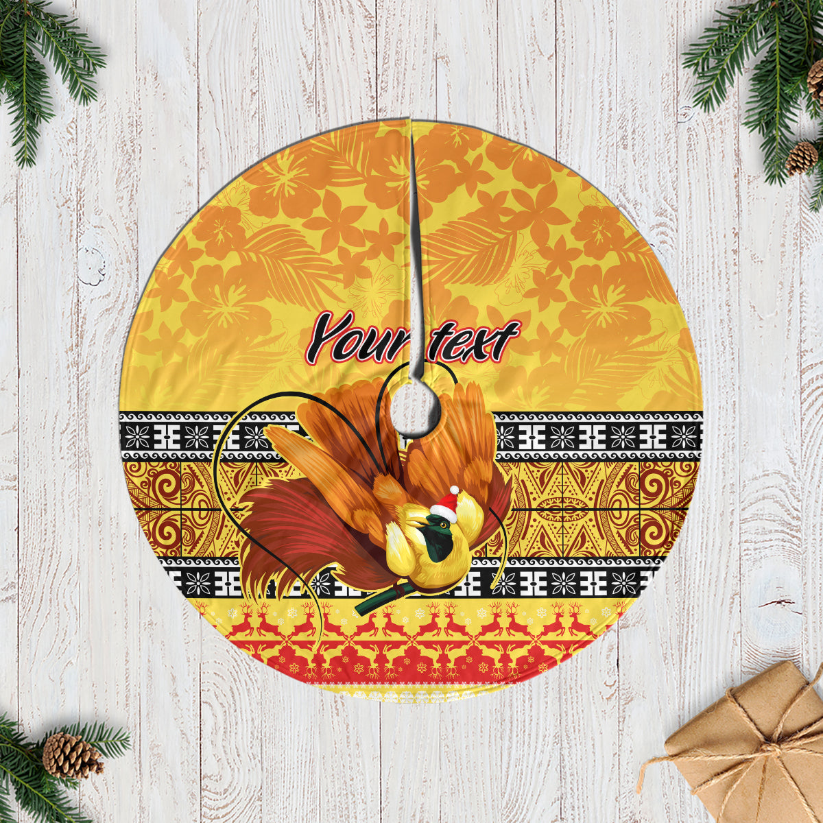 Personalised PNG Hamamas Krismas Tree Skirt Papua New Guinea Bird Of Paradise Merry Christmas Gold Style LT9 Casual Tree Skirts Gold - Polynesian Pride