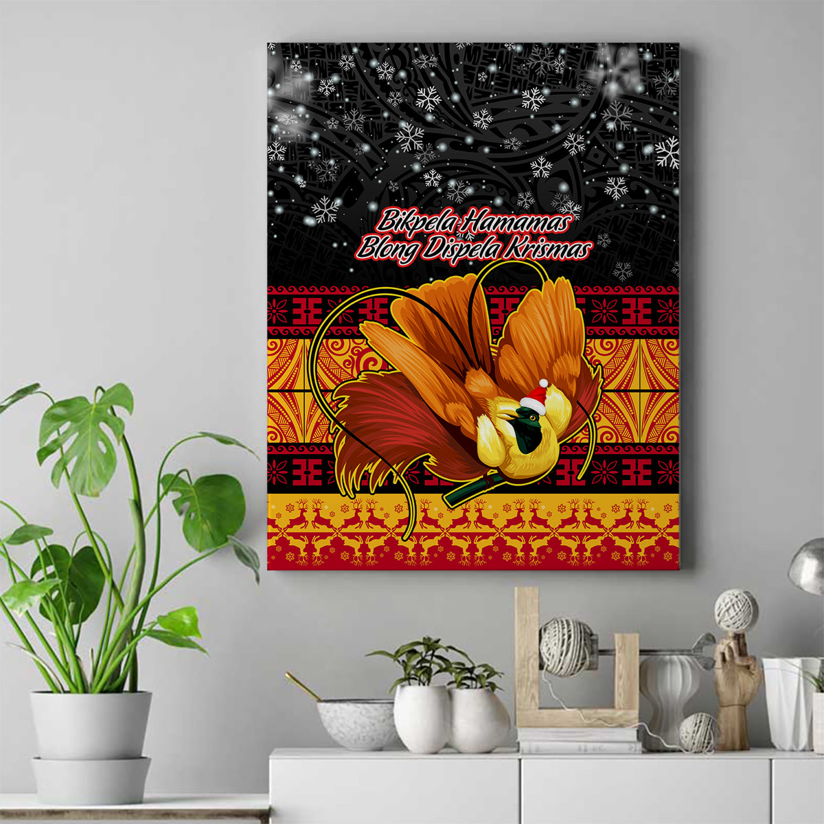 PNG Hamamas Krismas Canvas Wall Art Papua New Guinea Bird Of Paradise Merry Christmas Black Style LT9 Black - Polynesian Pride