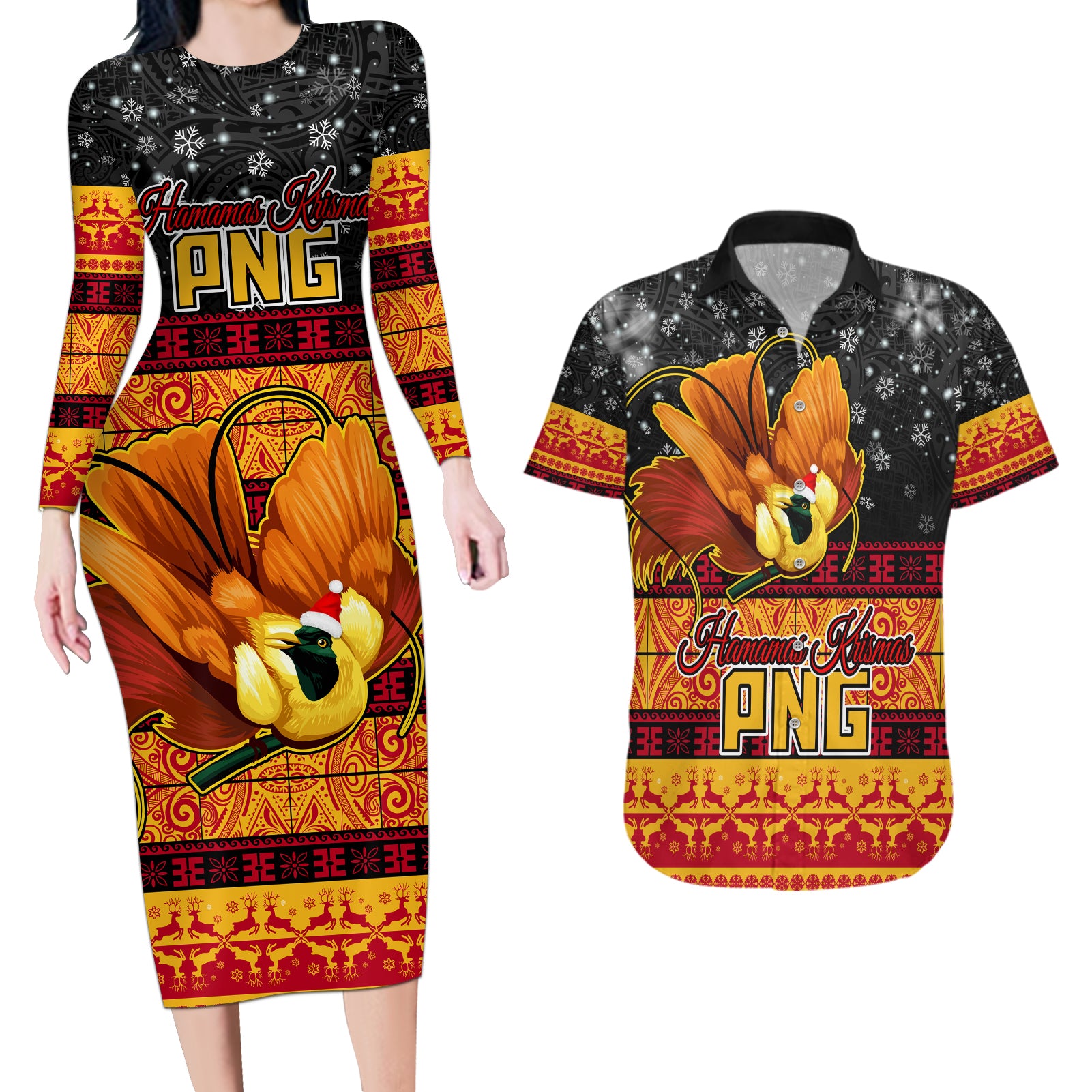 PNG Hamamas Krismas Couples Matching Long Sleeve Bodycon Dress and Hawaiian Shirt Papua New Guinea Bird Of Paradise Merry Christmas Black Style LT9 Black - Polynesian Pride